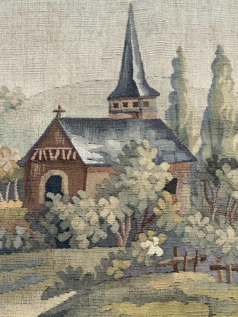 Beautiful mid century french handwoven Aubusson tapestry « The village » en venta 11