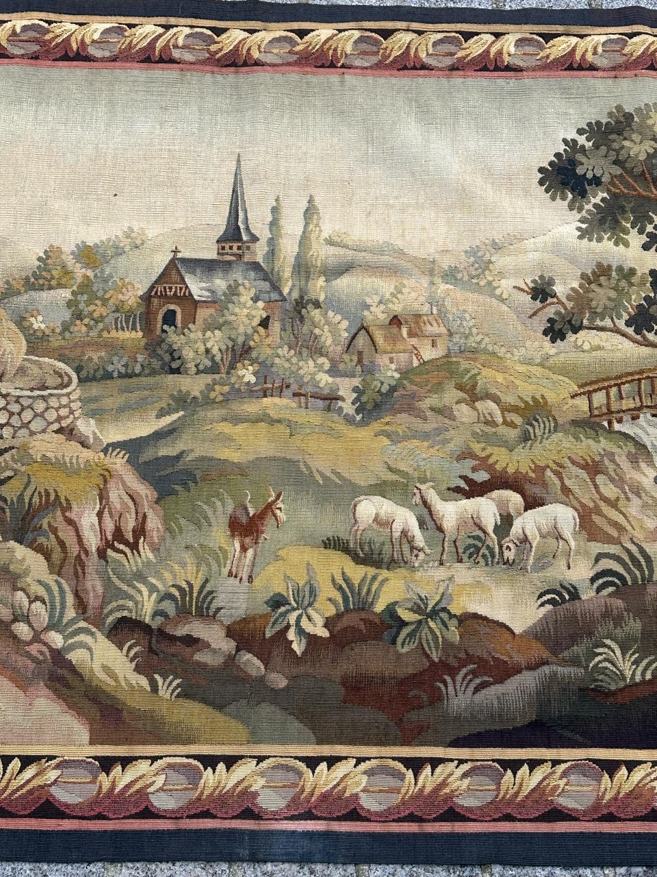 Beautiful mid century french handwoven Aubusson tapestry « The village » Francés en venta