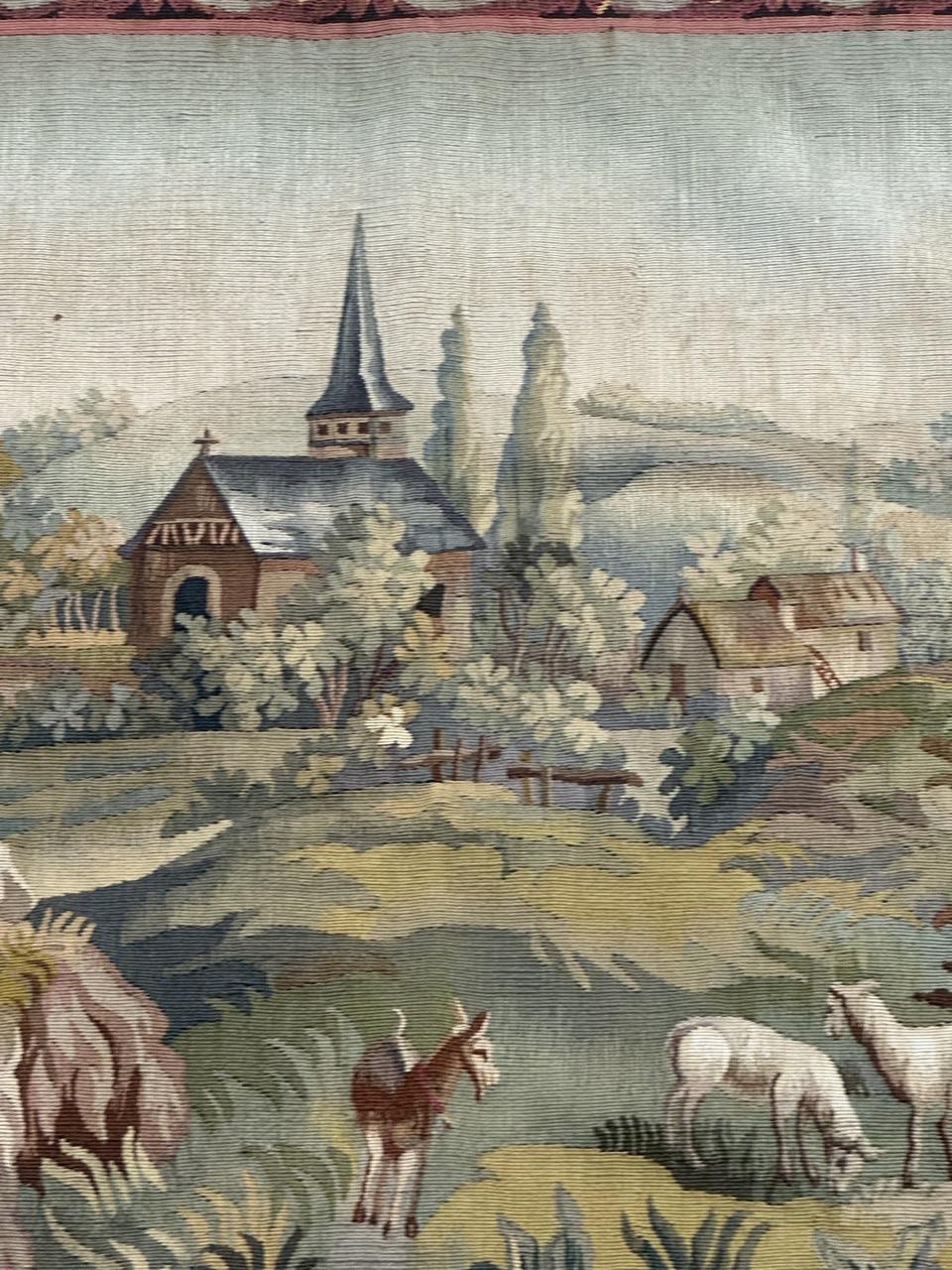 Beautiful mid century french handwoven Aubusson tapestry « The village » Lana en venta
