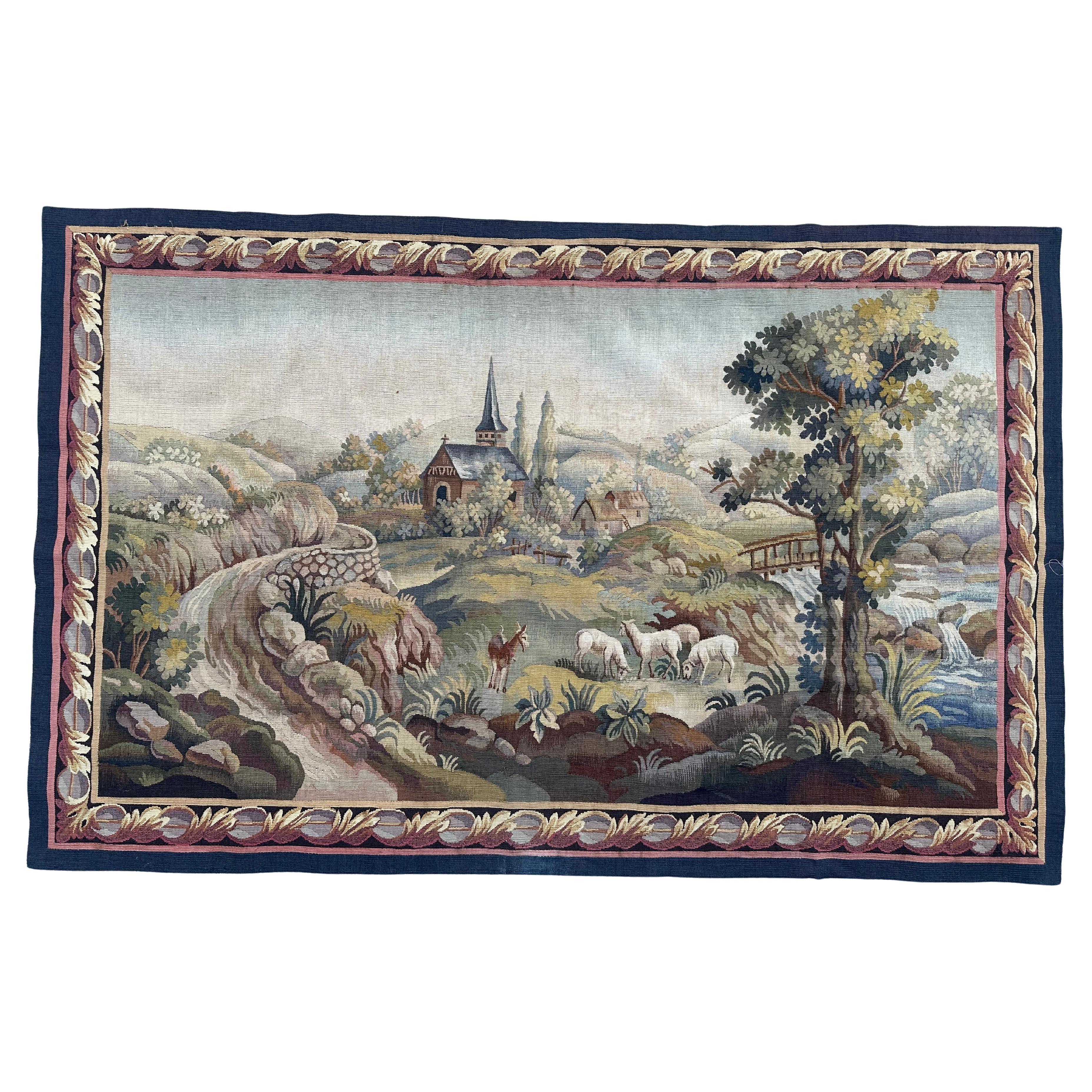 Beautiful mid century french handwoven Aubusson tapestry « The village »