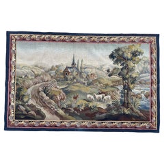 Beautiful mid century french handwoven Aubusson tapestry « The village »