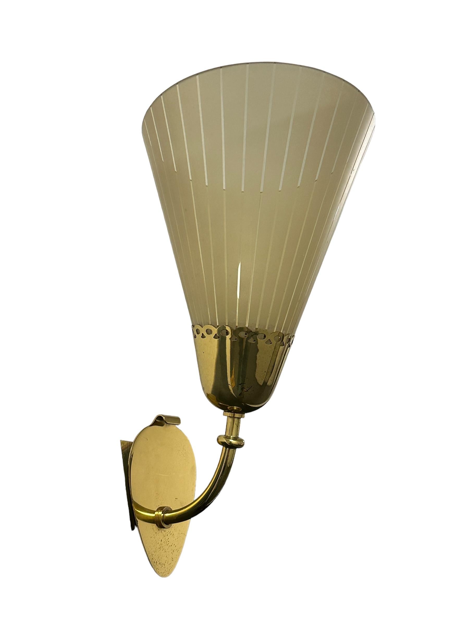 Mid-Century Modern Beautiful Mid-Century German Brass & Etched Glass Sconce, 1950s For Sale