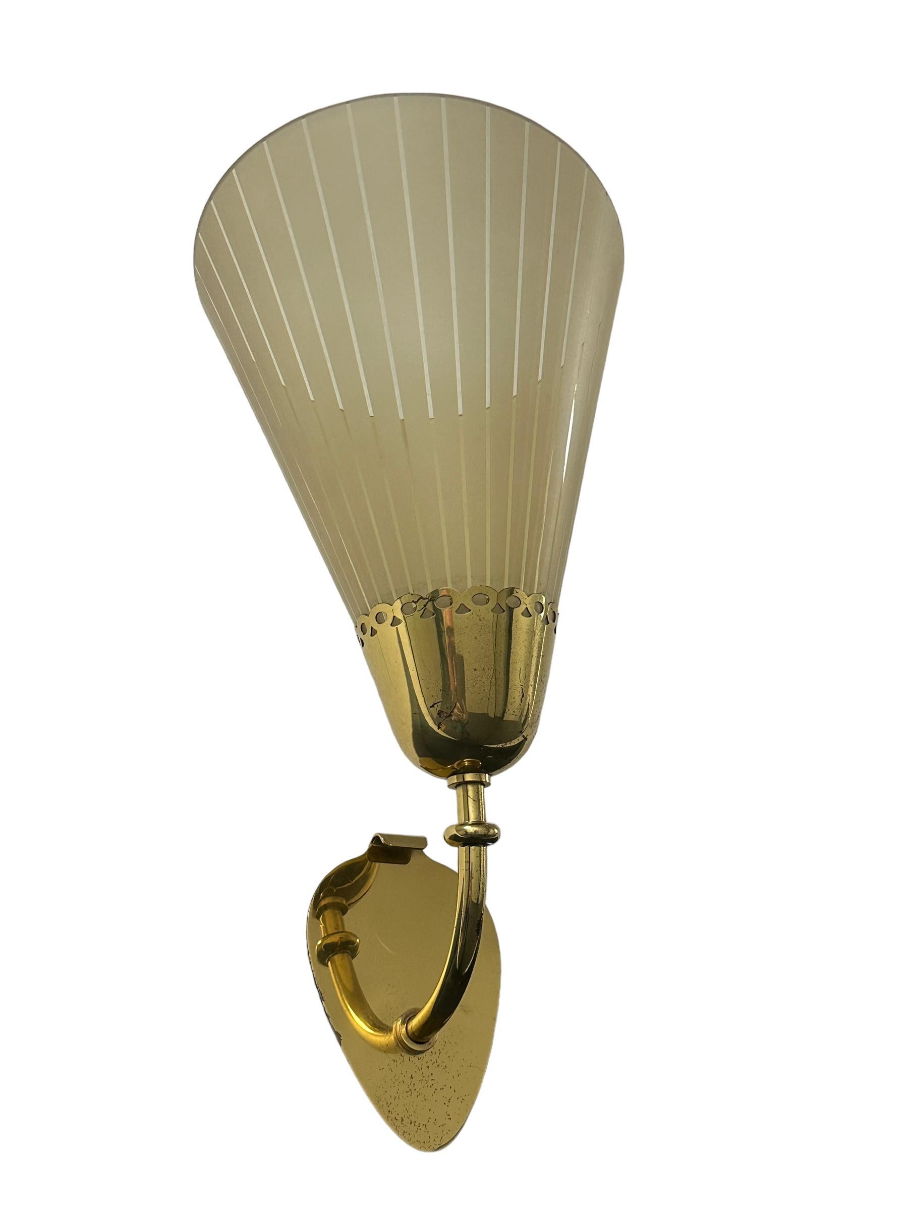 Mid-20th Century Beautiful Mid-Century German Brass & Etched Glass Sconce, 1950s For Sale