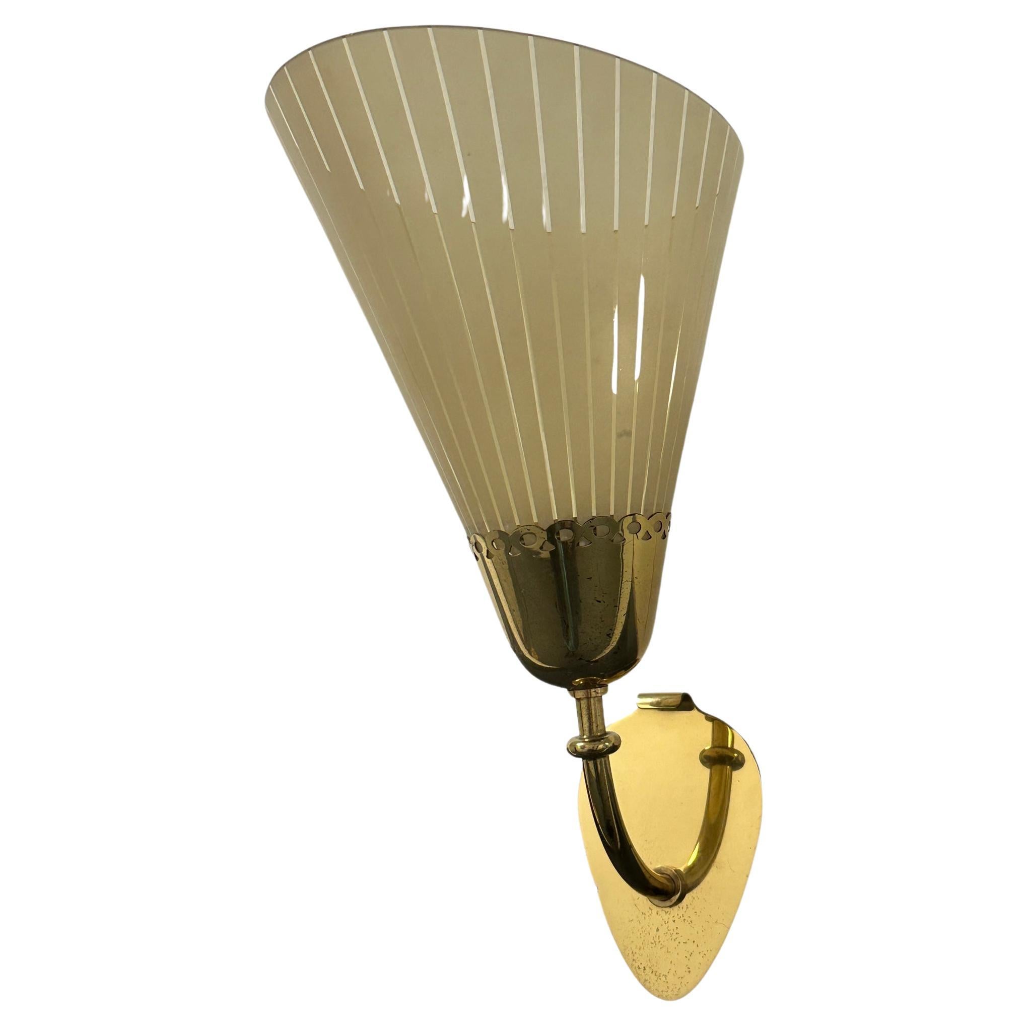 Beautiful Mid-Century German Brass & Etched Glass Sconce, 1950s