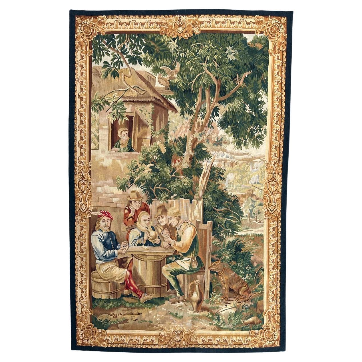 Beautiful mid century handwoven Aubusson style tapestry « Card players »