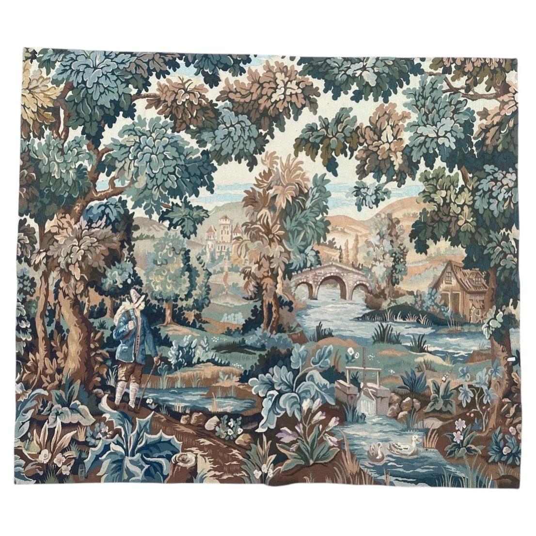 Beautiful mid century handwoven Aubusson tapestry «the man near the river»