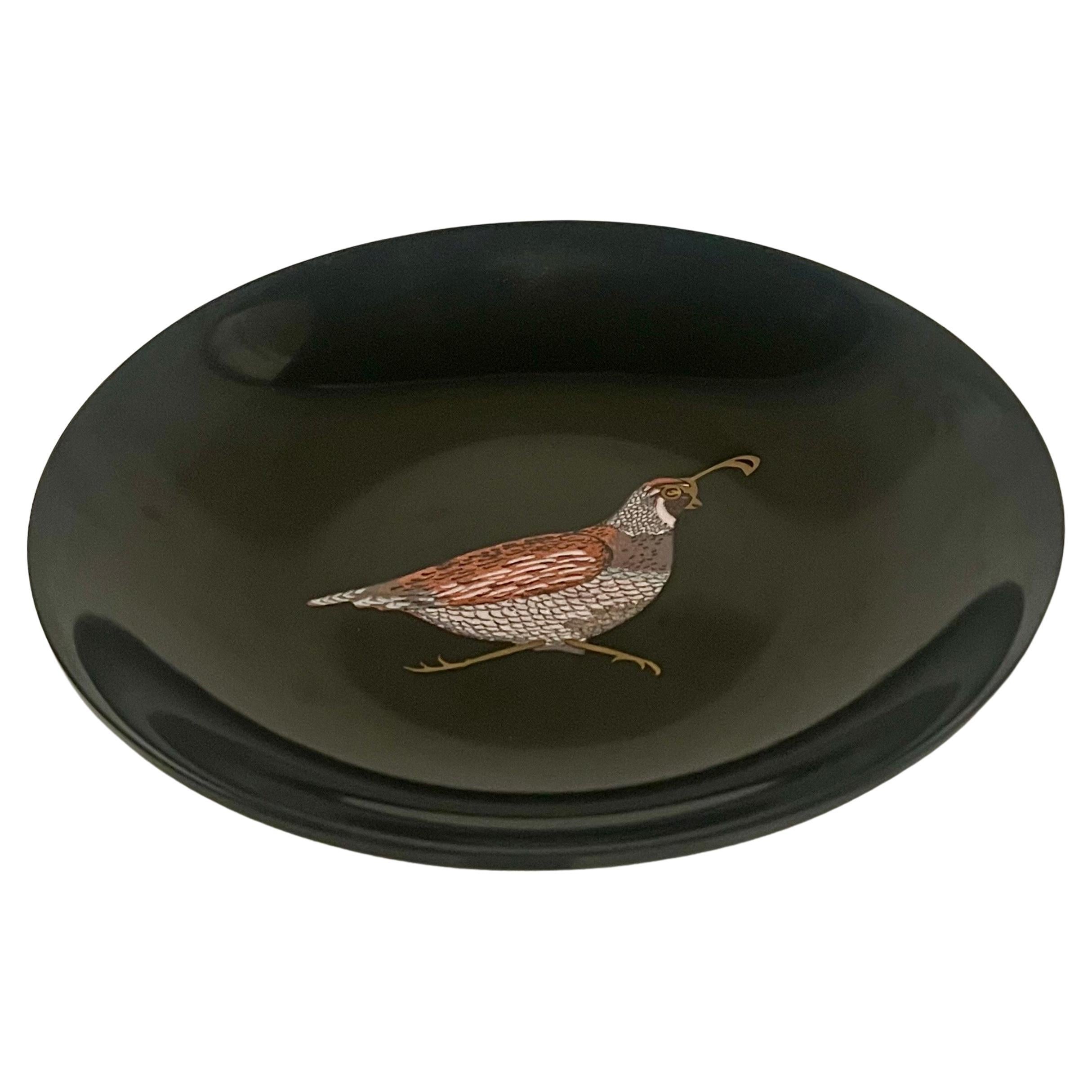 Beautiful super cool inlaid wood Quail low bowl catch-it-all handcrafted by Couroc California, circa 1970s. .
 