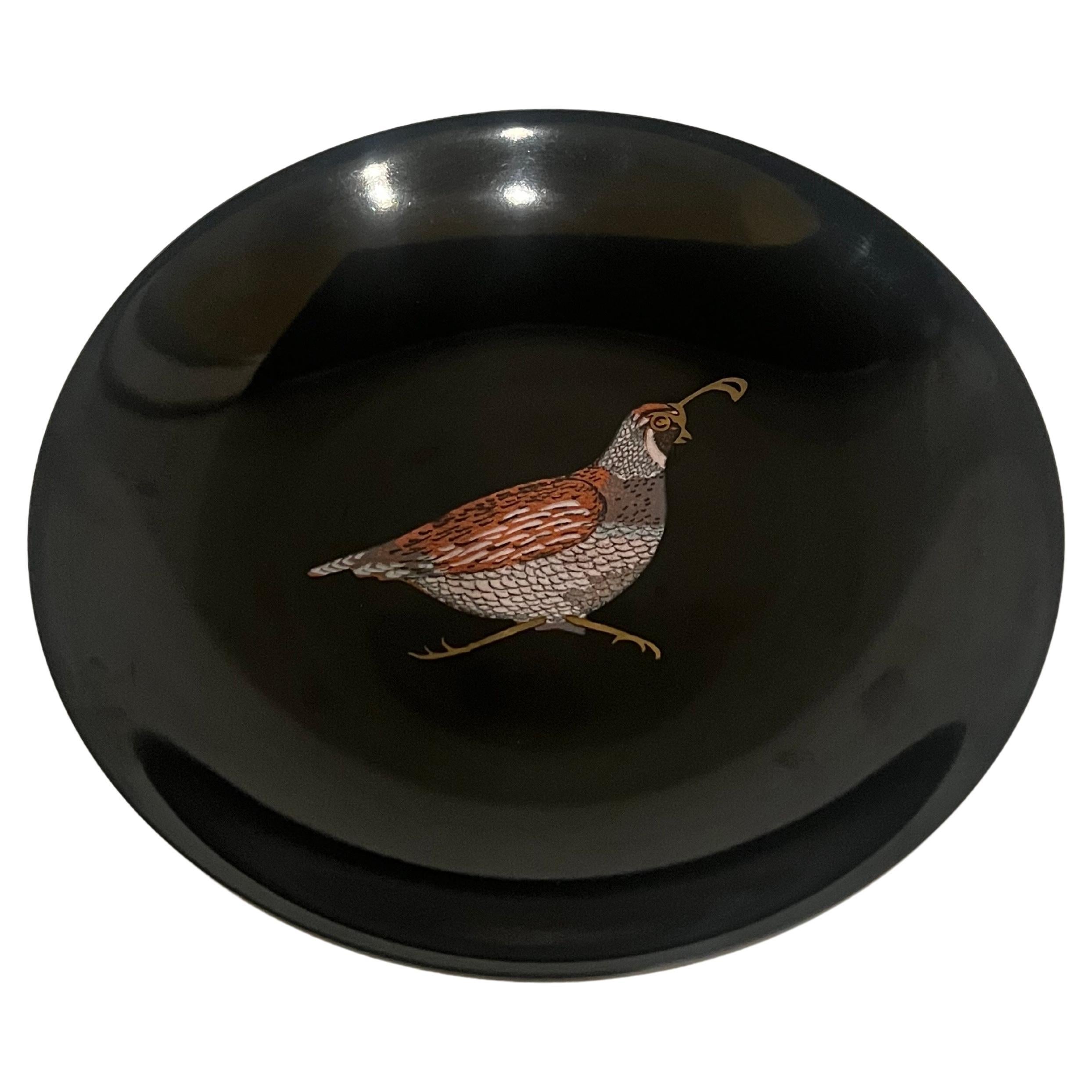 Beautiful Mid Century  Inlaid "Quail" Low Bowl Catch It All by Couroc California For Sale