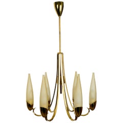 Beautiful Mid-Century Modern Brass Chandelier with Long Glass Shades