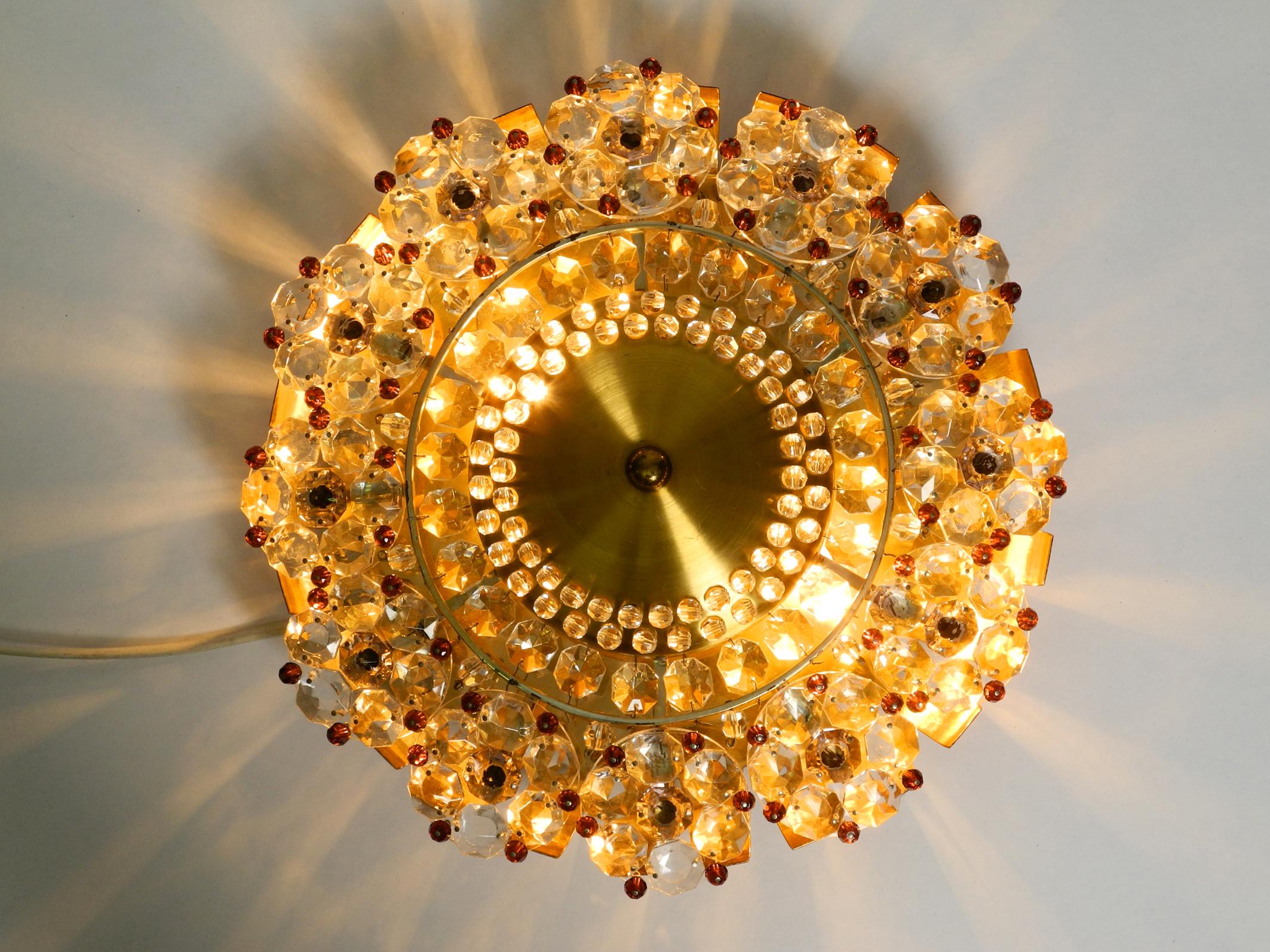 European Beautiful Mid-Century Modern Ceiling Lamp Made of Glass Stones and Brass Frame For Sale