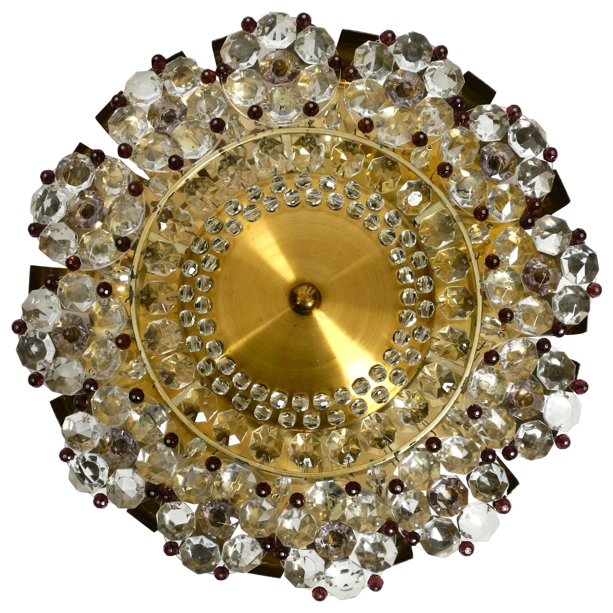 Beautiful Mid-Century Modern Ceiling Lamp Made of Glass Stones and Brass Frame