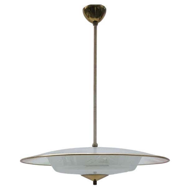 Beautiful Mid-Century Modern hanging lamp in glass and brass, 1950s at ...