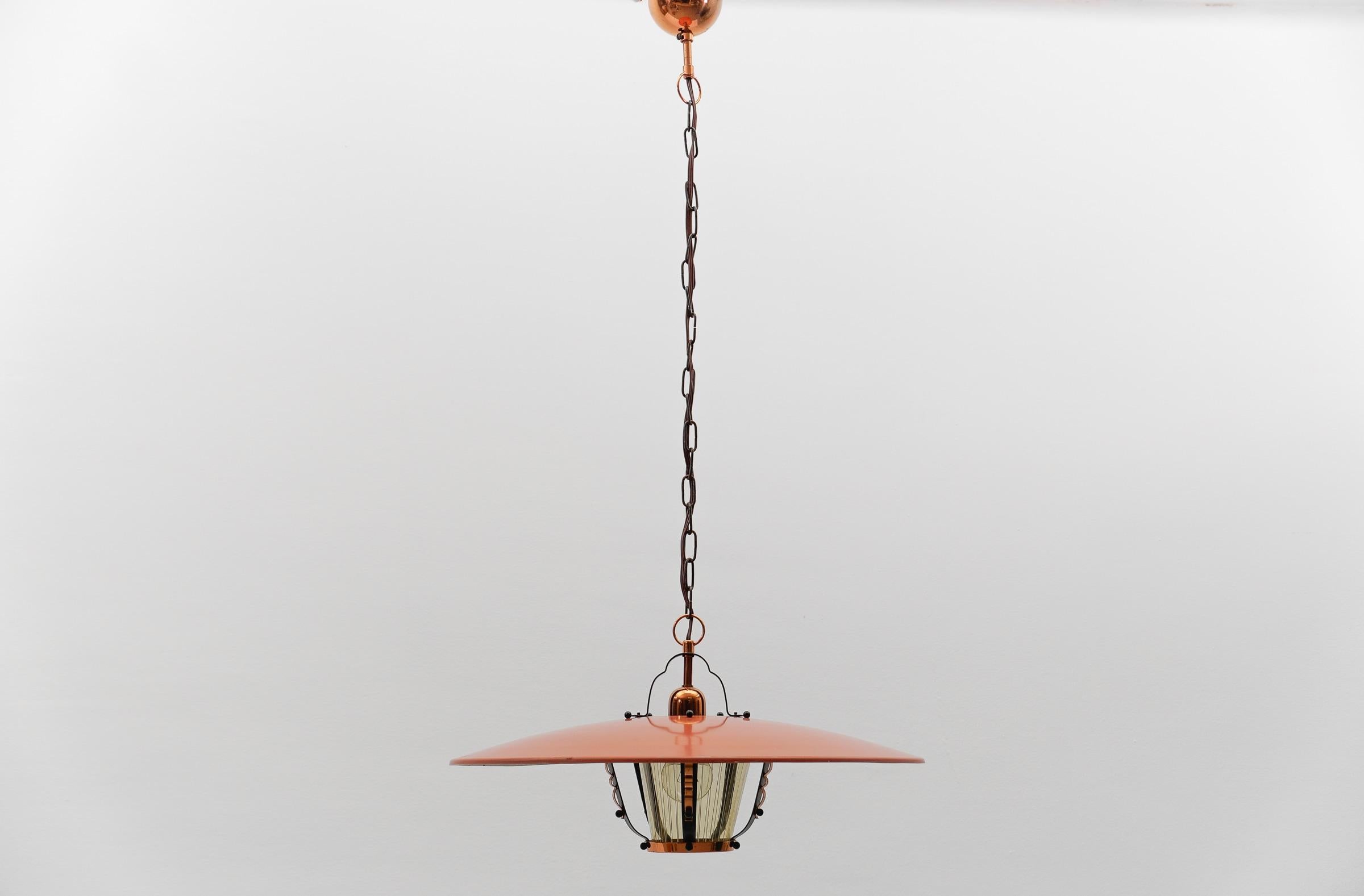 Beautiful Mid-Century Modern hanging lamp in Glass, Copper and Metal, 1950s For Sale 12