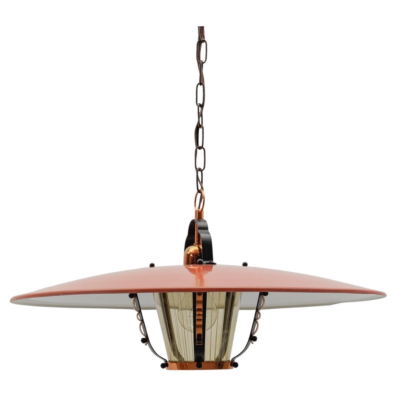 Beautiful Mid-Century Modern hanging lamp in Glass, Copper and Metal, 1950s