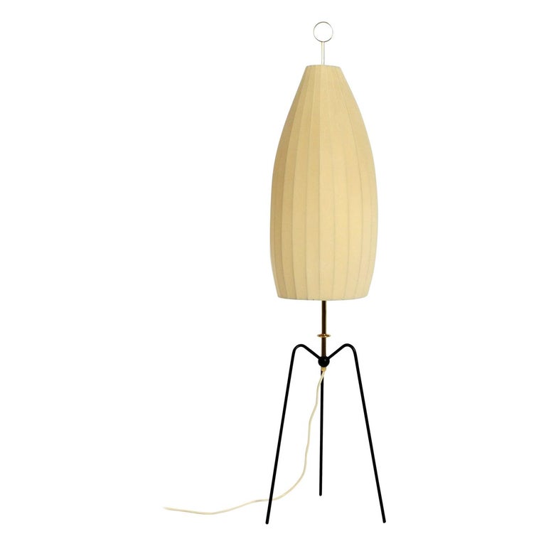 Beautiful Mid Century Modern Tripod Floor Lamp With Large Fabric Shade