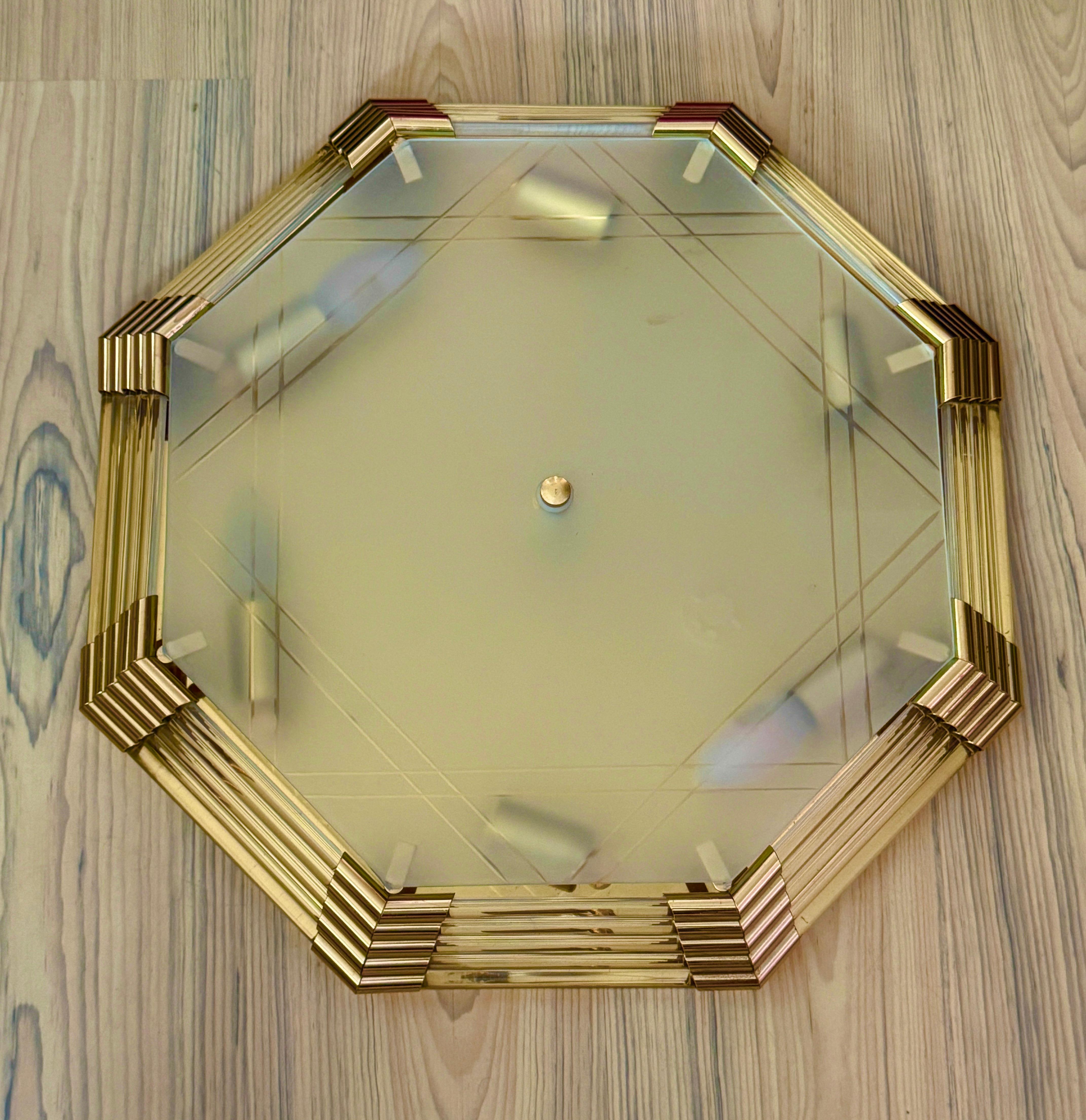 Beautiful Mid-Century Modernist Octagonal Flush Mount Brass and Satin Glass For Sale 6
