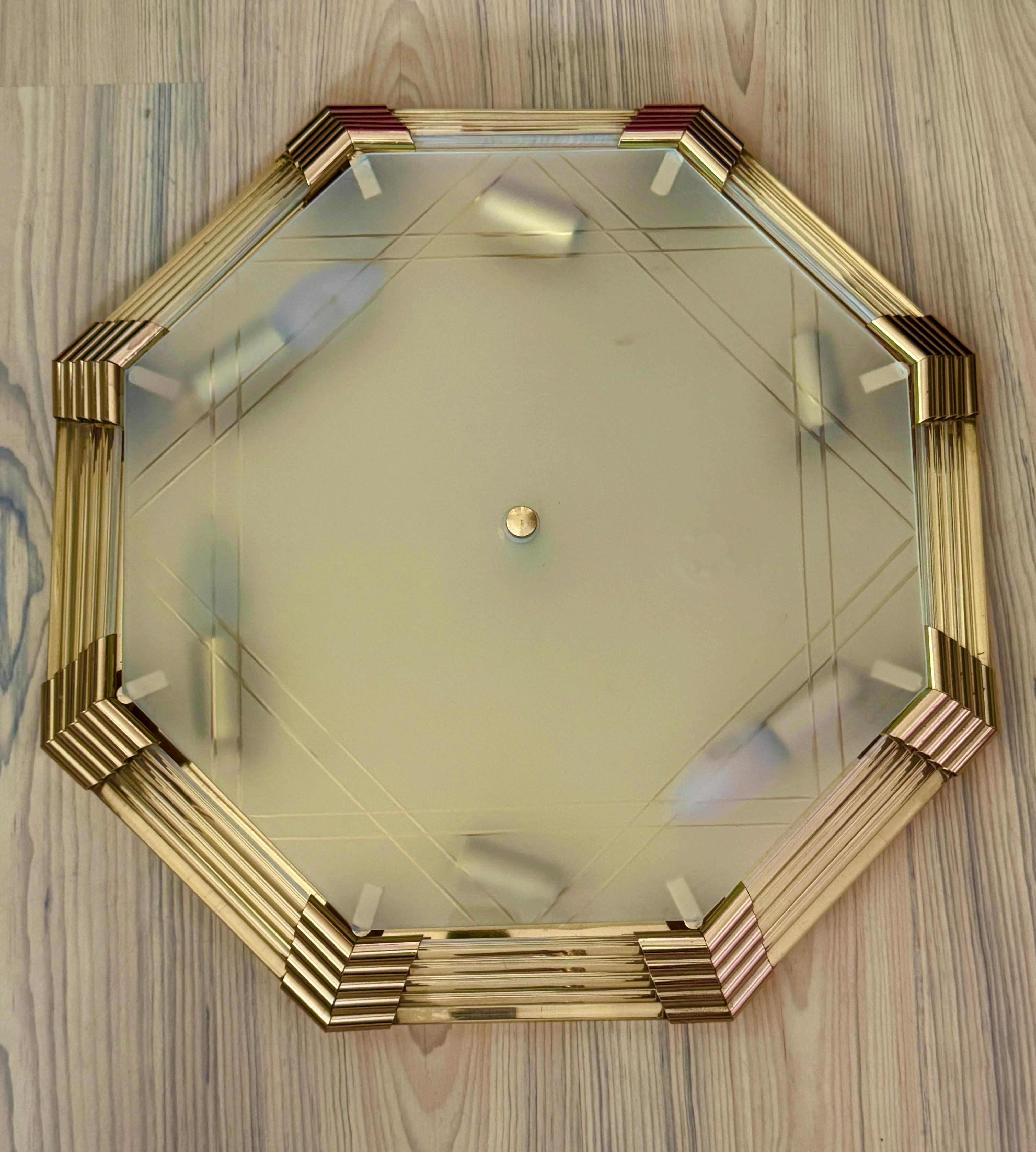 Beautiful Mid-Century Modernist Octagonal Flush Mount Brass and Satin Glass For Sale 7