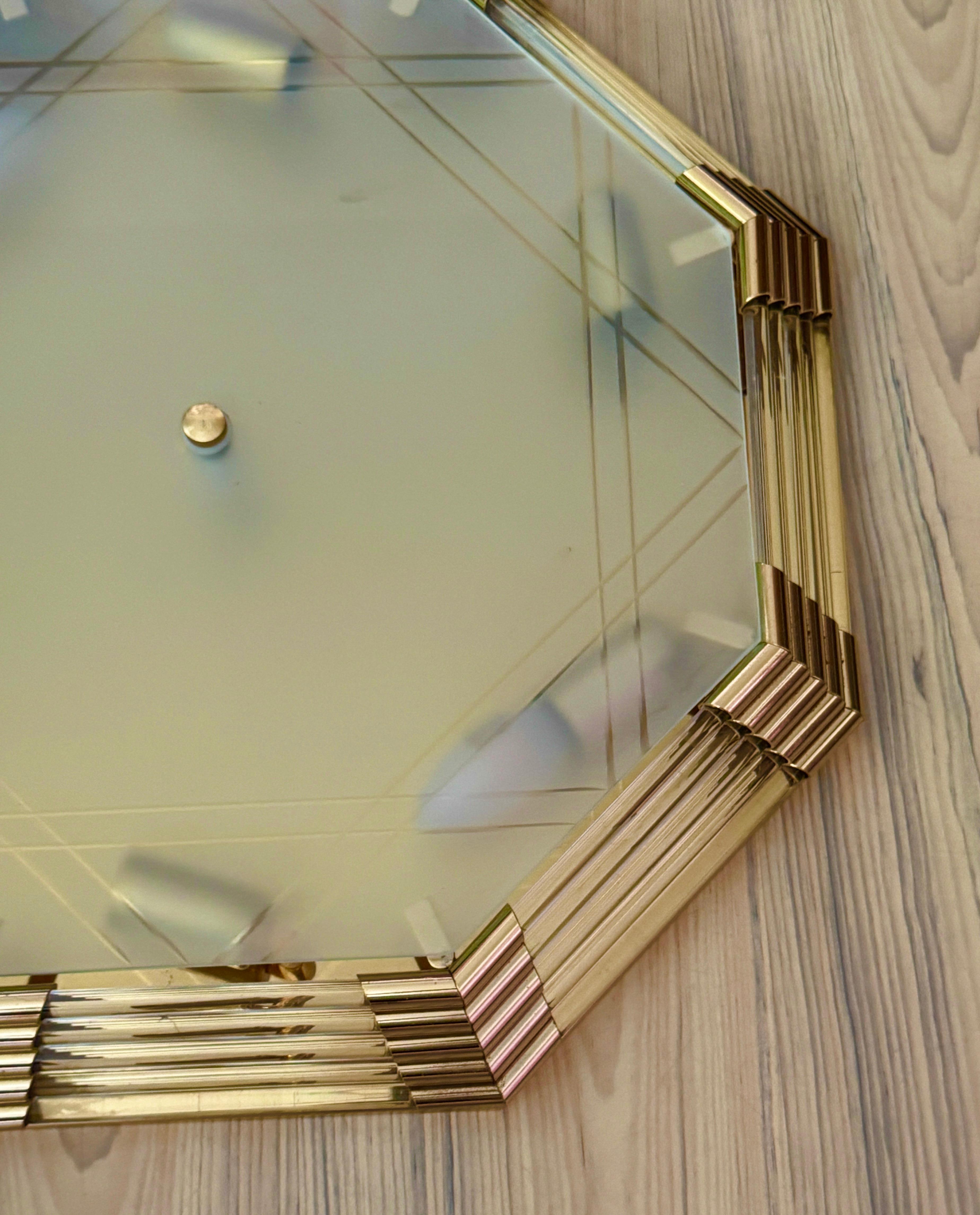 Beautiful Mid-Century Modernist Octagonal Flush Mount Brass and Satin Glass For Sale 8