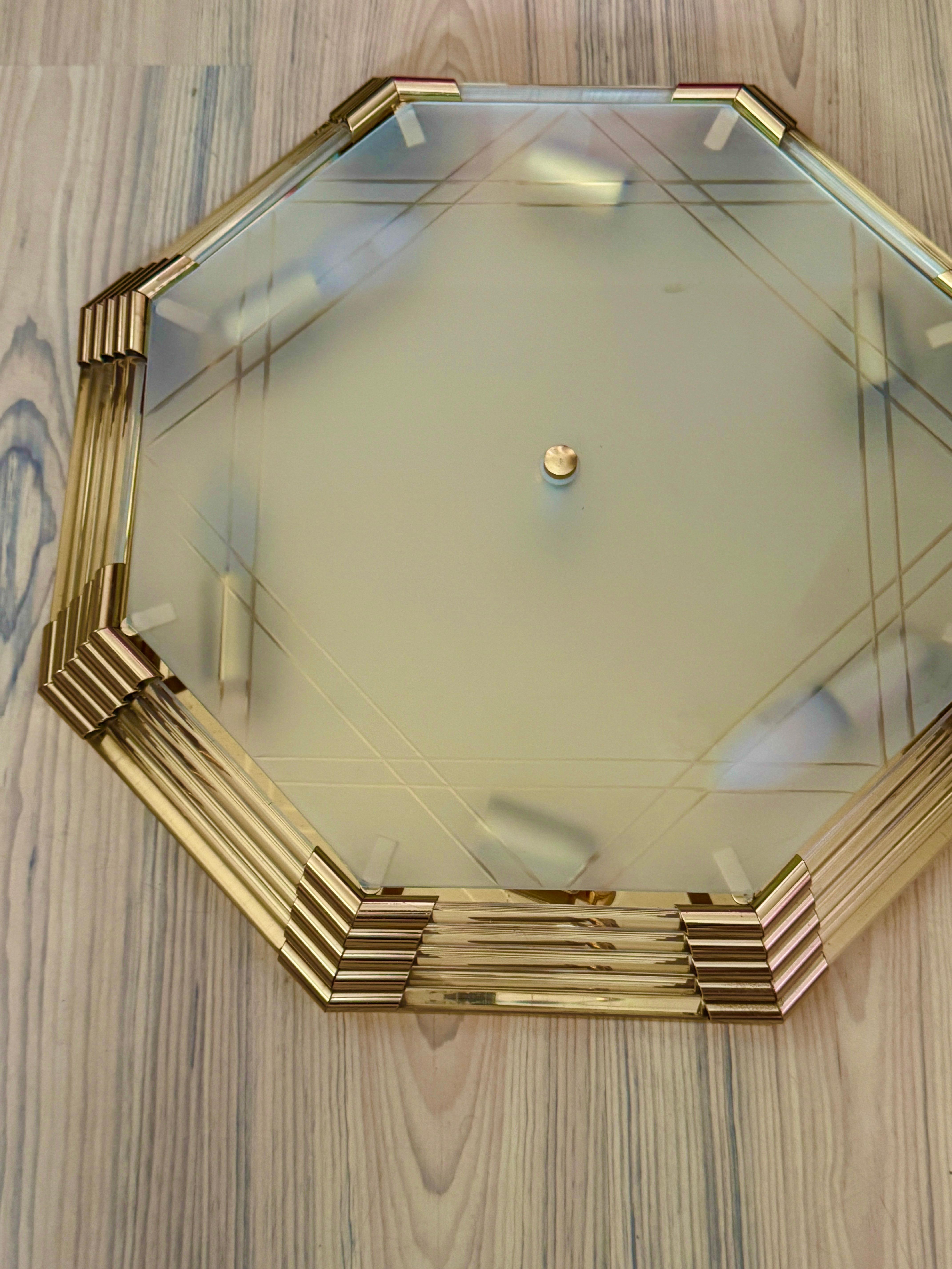 Beautiful Mid-Century Modernist Octagonal Flush Mount Brass and Satin Glass For Sale 9