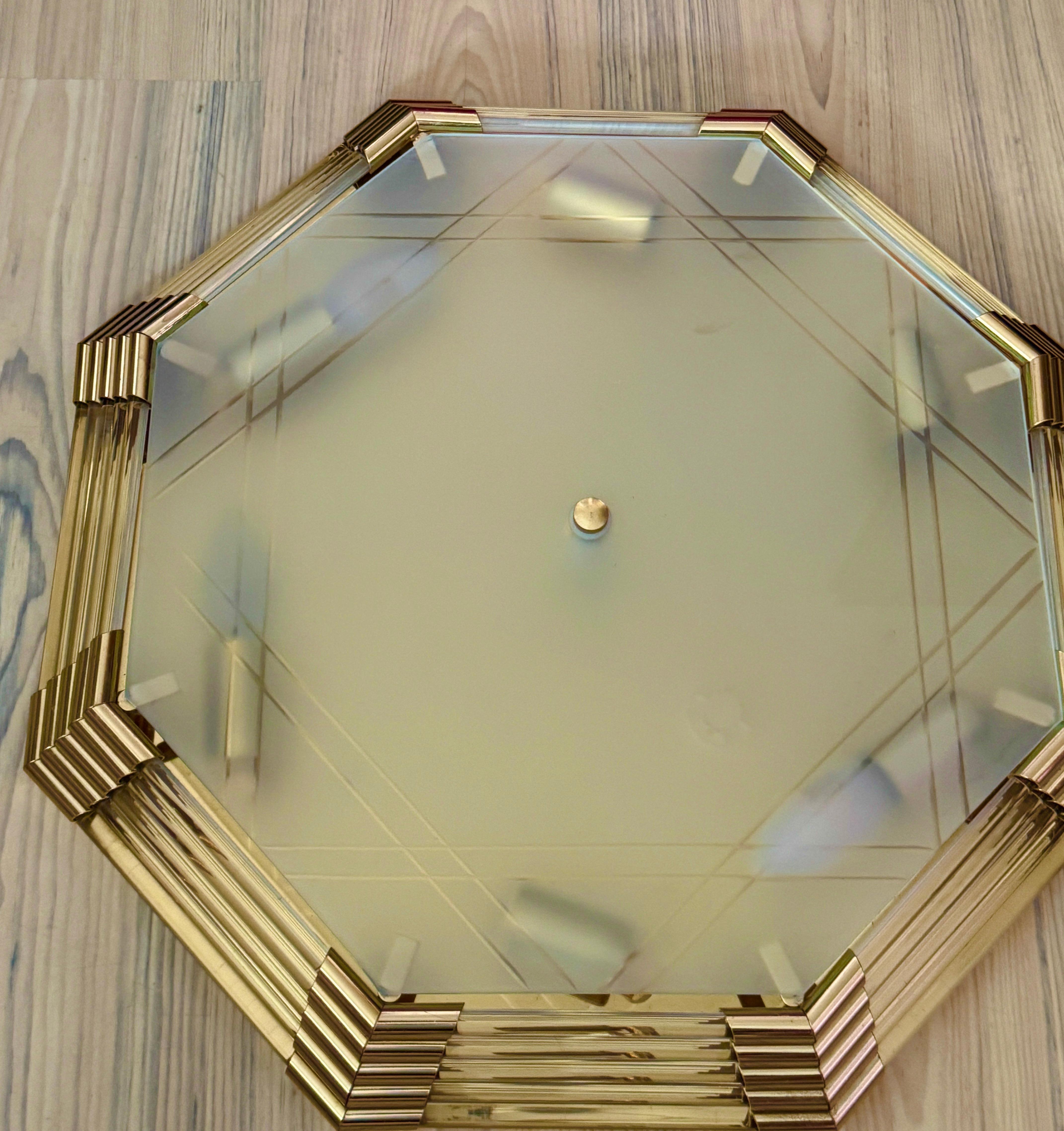 Beautiful Mid-Century Modernist Octagonal Flush Mount Brass and Satin Glass For Sale 10