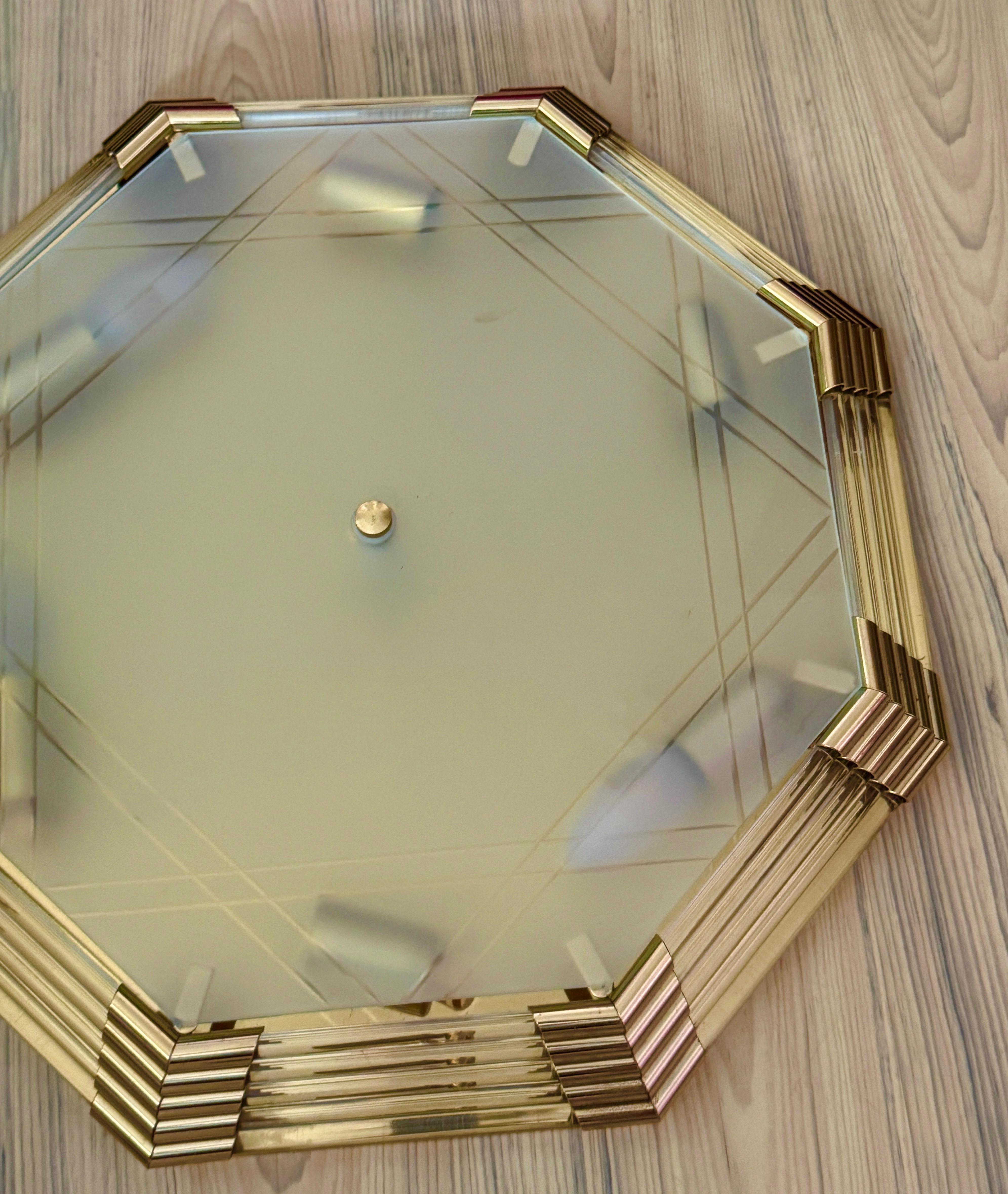 Beautiful Mid-Century Modernist Octagonal Flush Mount Brass and Satin Glass For Sale 11