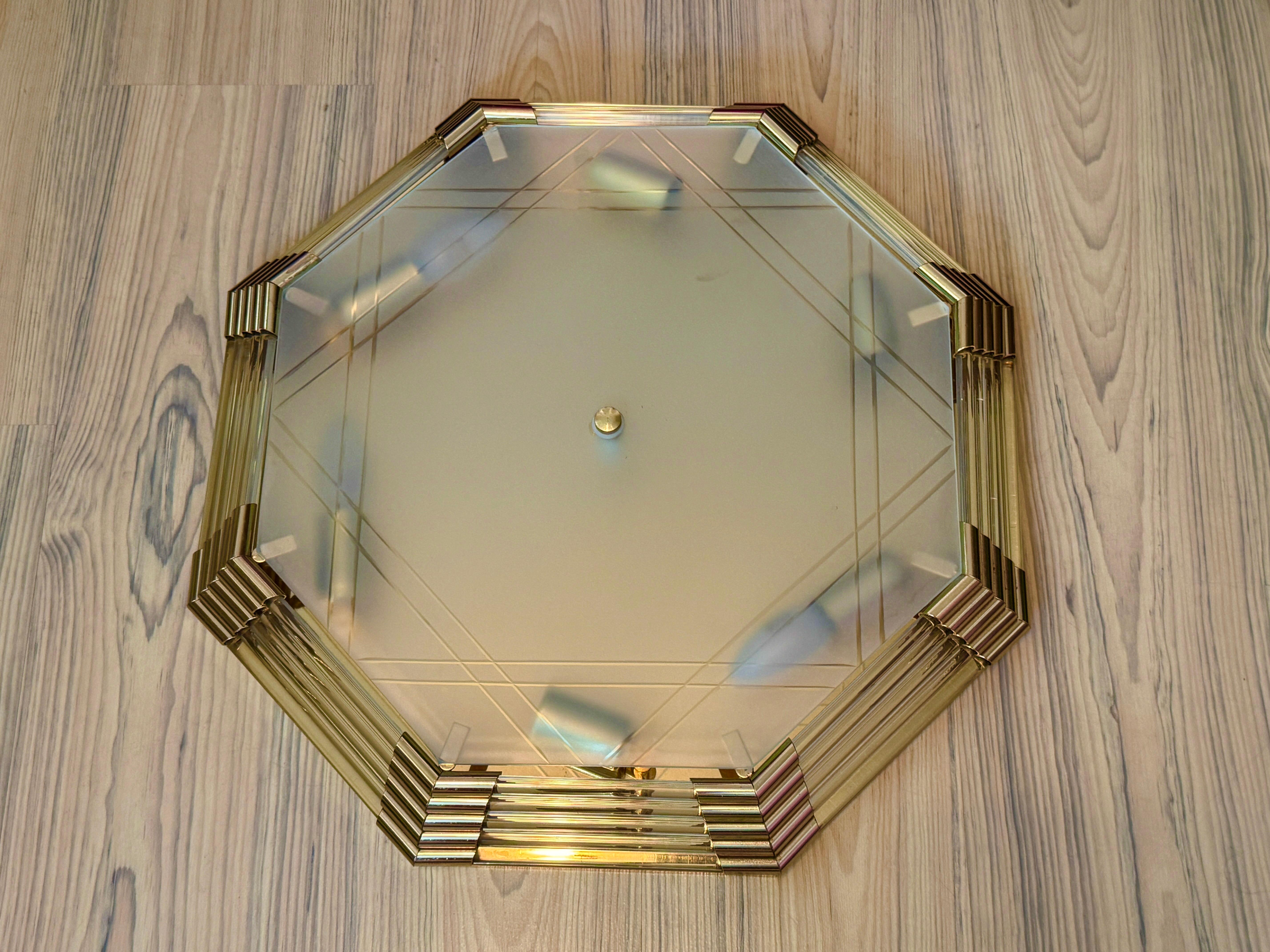 Beautiful Mid-Century Modernist Octagonal Flush Mount Brass and Satin Glass For Sale 13