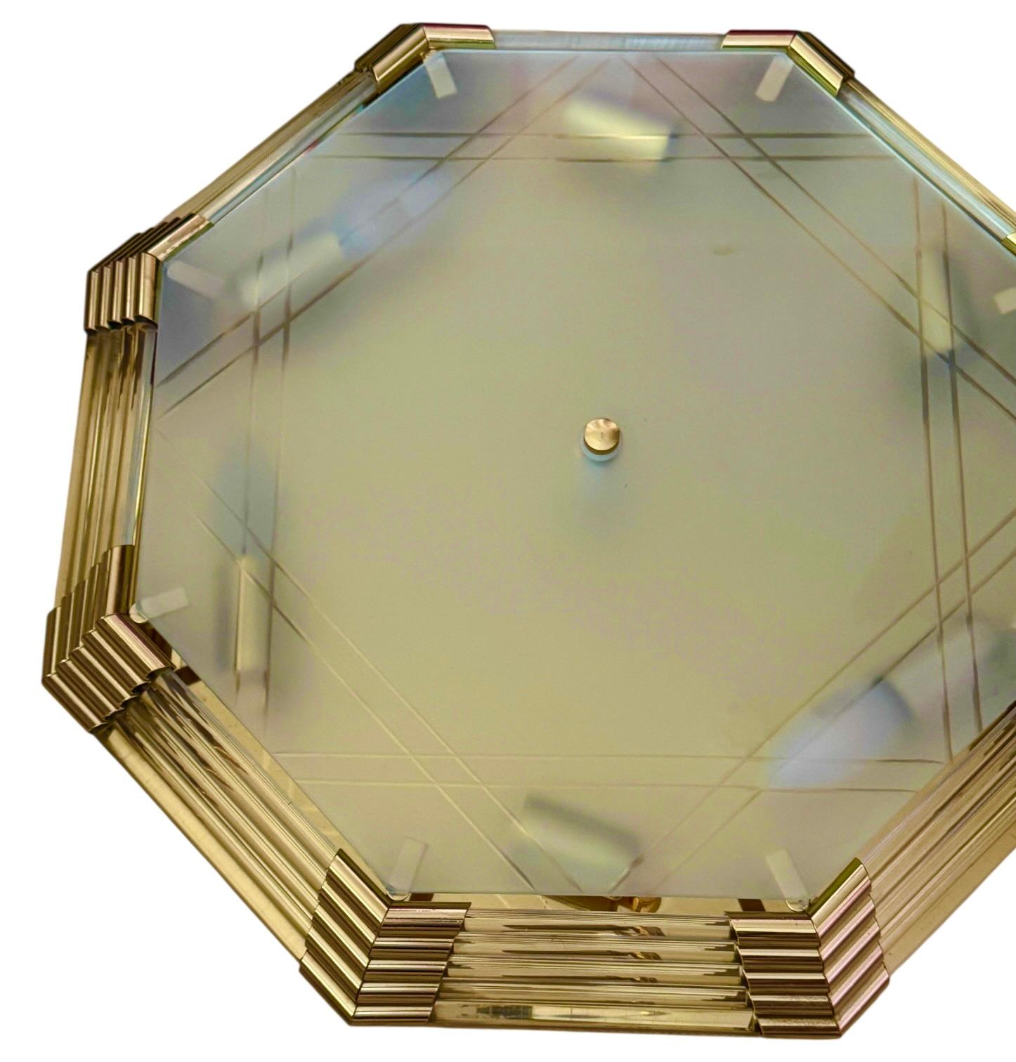 German Beautiful Mid-Century Modernist Octagonal Flush Mount Brass and Satin Glass For Sale