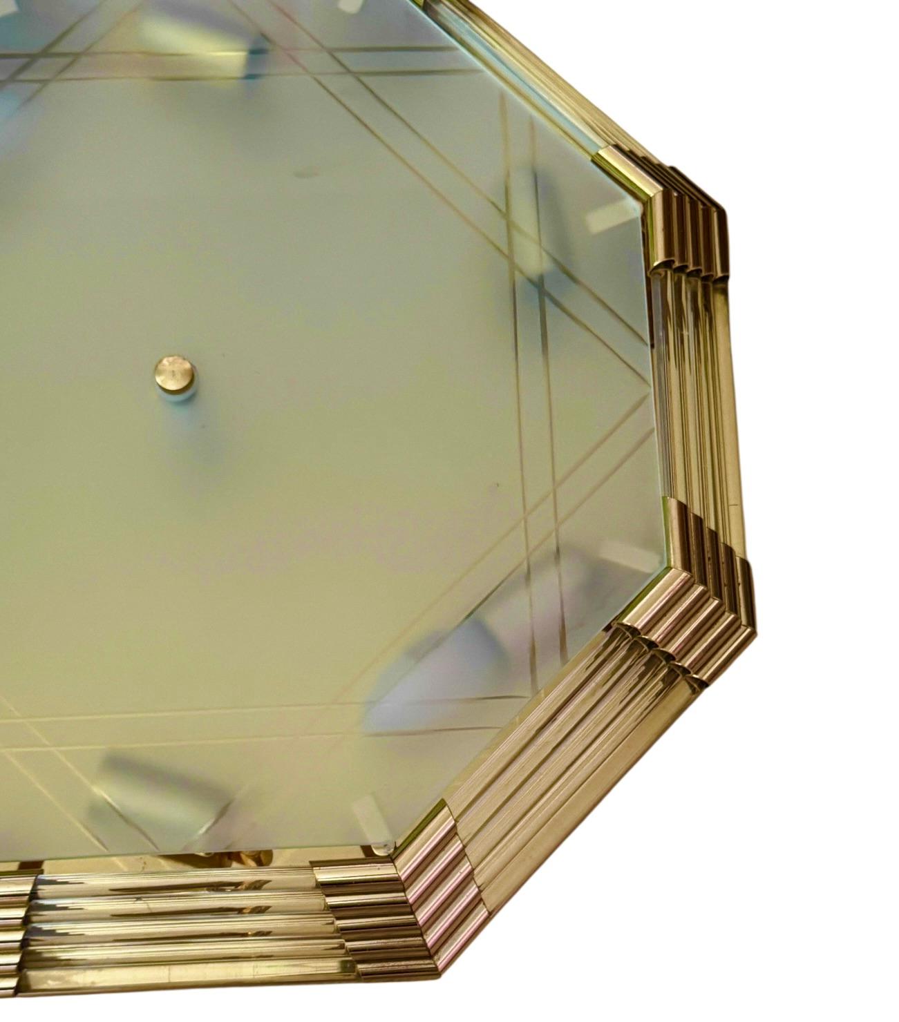 Beautiful Mid-Century Modernist Octagonal Flush Mount Brass and Satin Glass In Good Condition For Sale In Nuernberg, DE