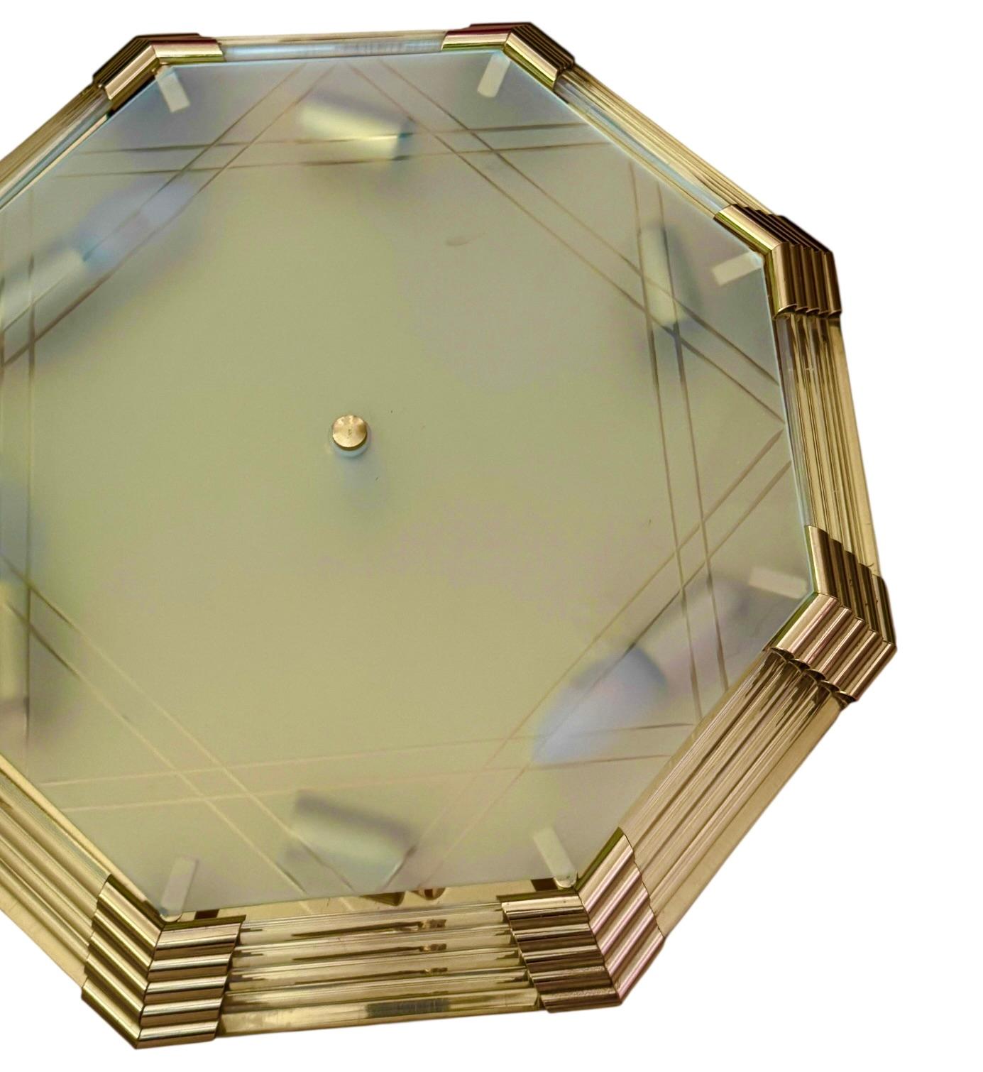 Mid-20th Century Beautiful Mid-Century Modernist Octagonal Flush Mount Brass and Satin Glass For Sale