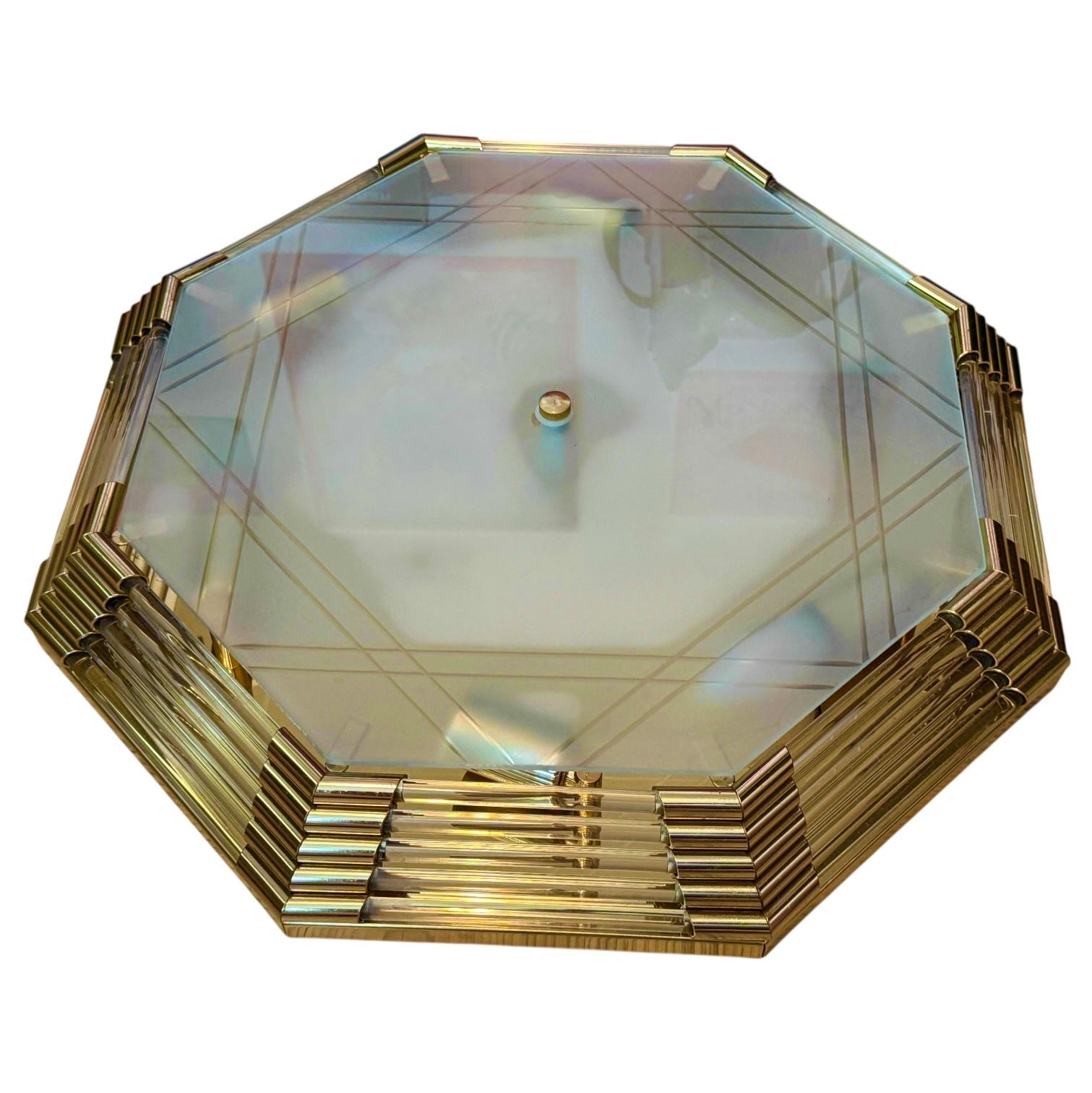 Beautiful Mid-Century Modernist Octagonal Flush Mount Brass and Satin Glass For Sale 1