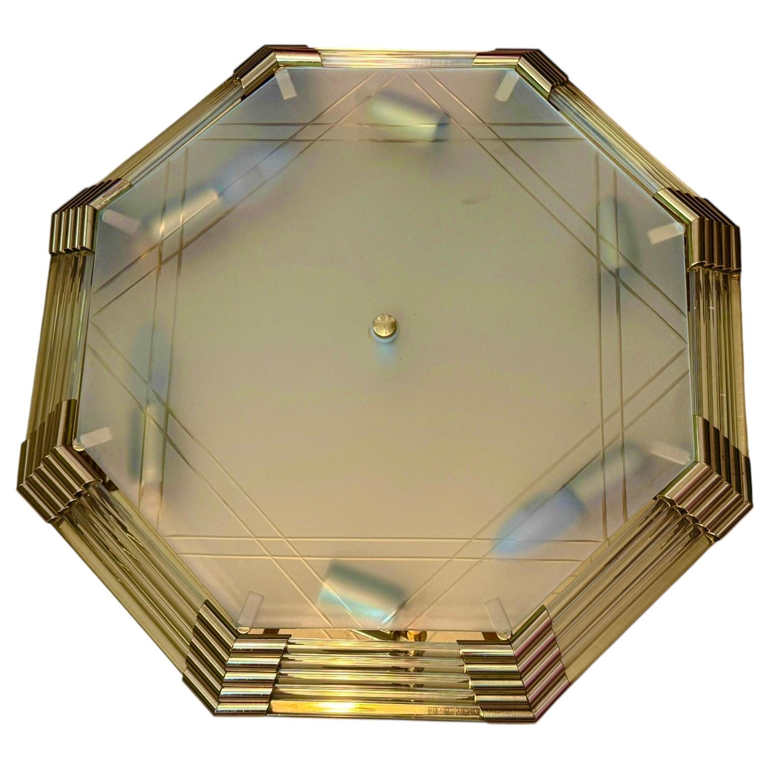 Beautiful Mid-Century Modernist Octagonal Flush Mount Brass and Satin Glass For Sale 2