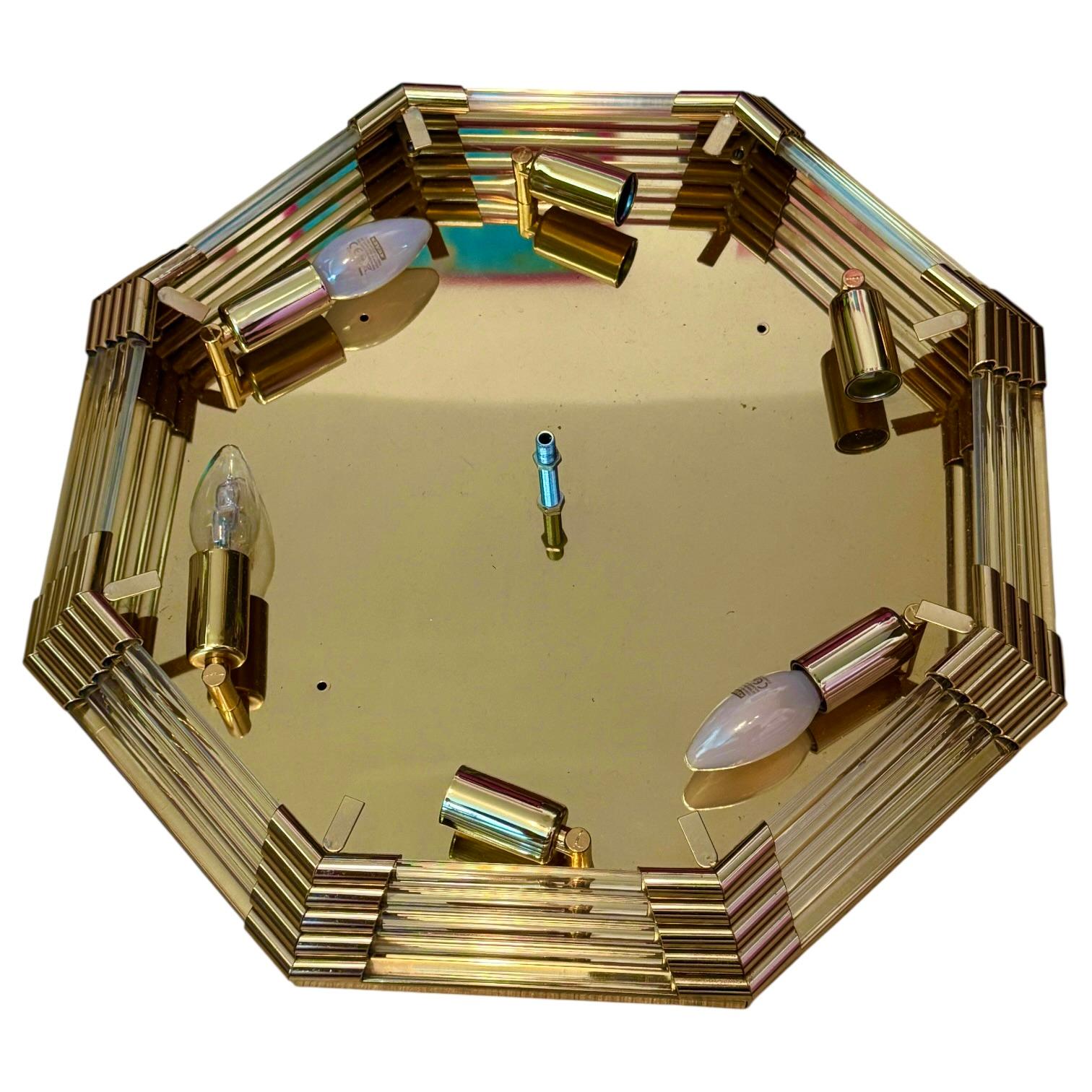Beautiful Mid-Century Modernist Octagonal Flush Mount Brass and Satin Glass For Sale 3