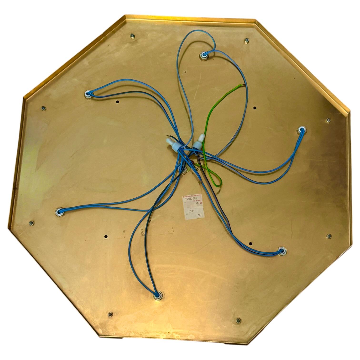 Beautiful Mid-Century Modernist Octagonal Flush Mount Brass and Satin Glass For Sale 4