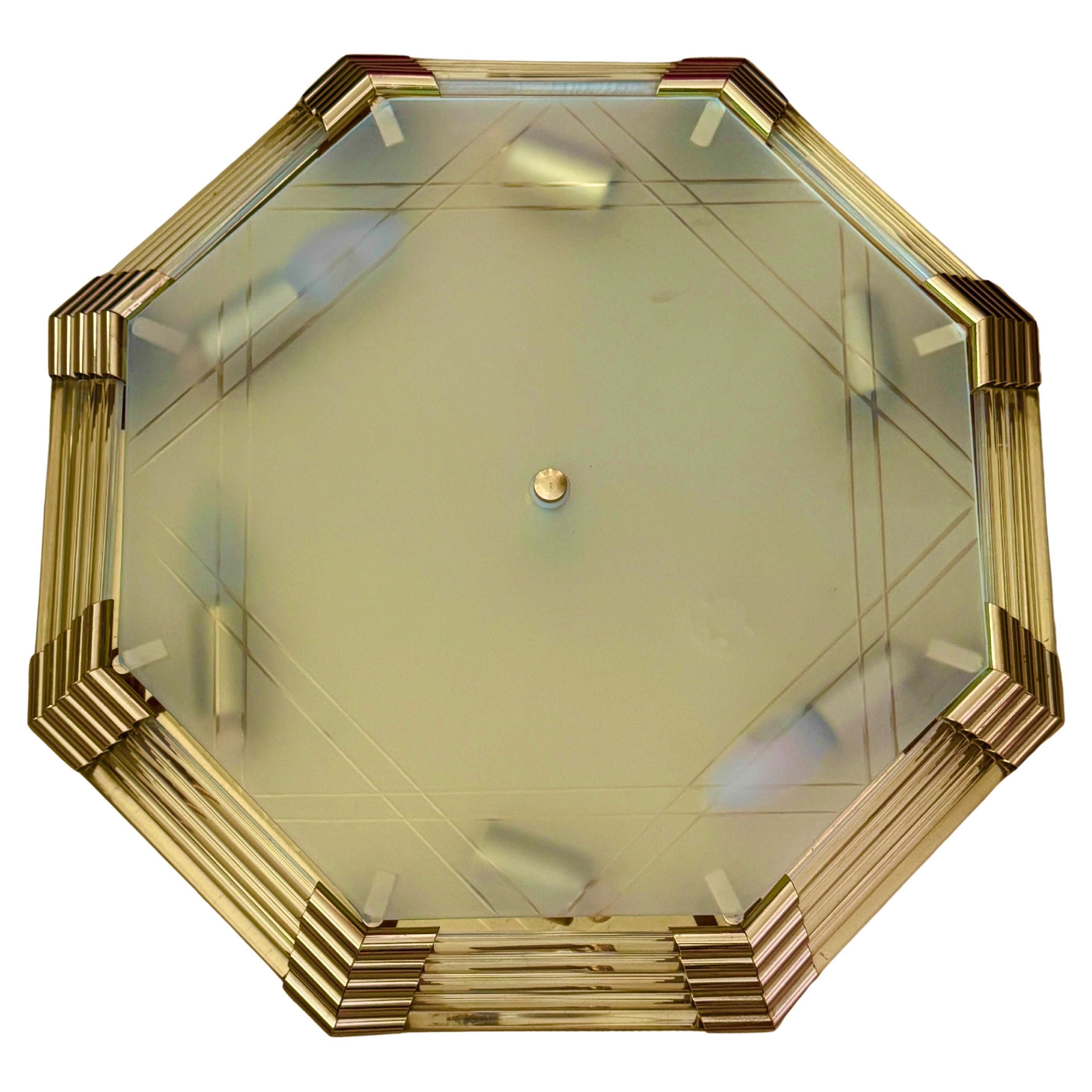 Beautiful Mid-Century Modernist Octagonal Flush Mount Brass and Satin Glass For Sale