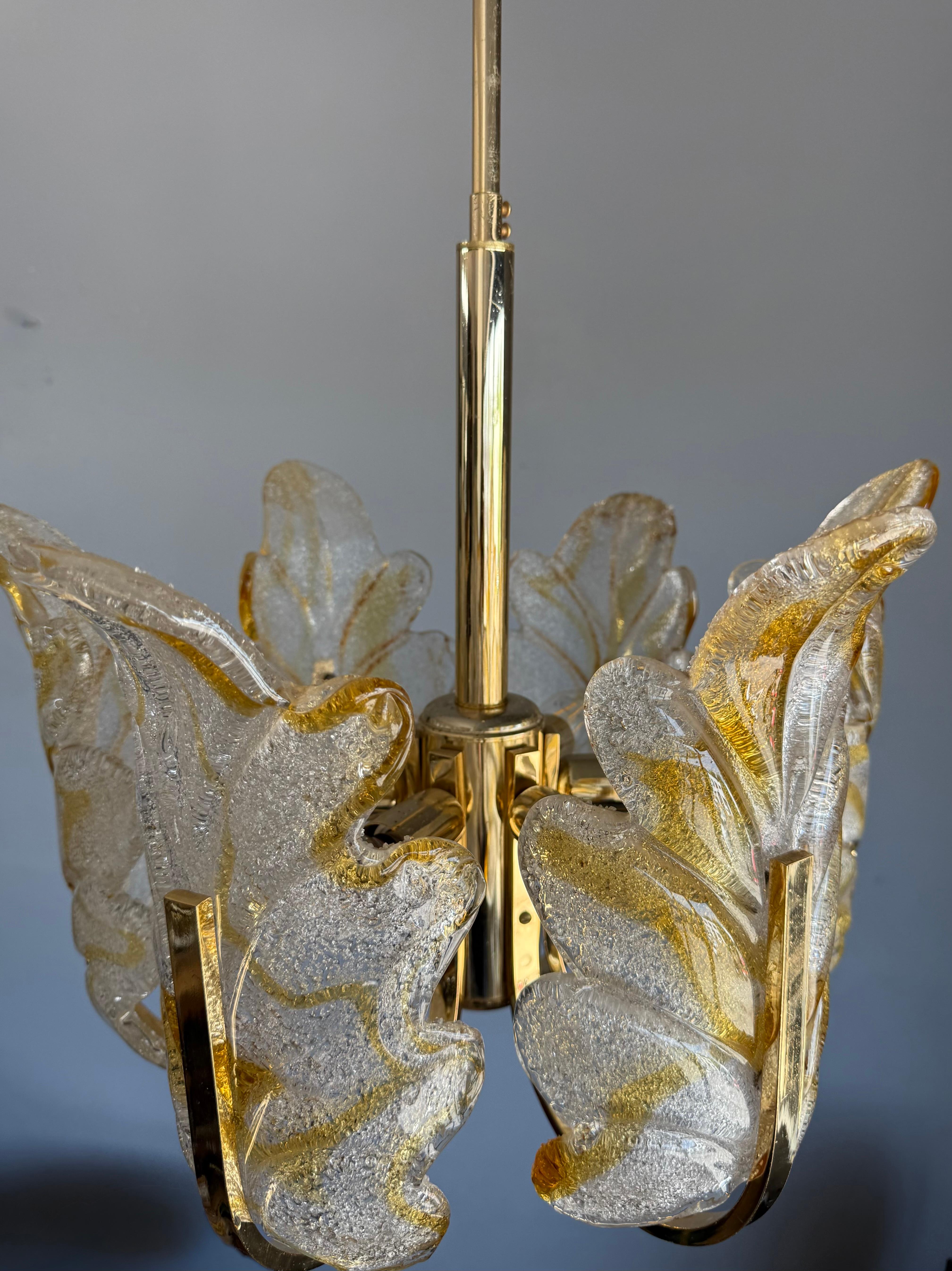 Beautiful Mid-Century Murano Glass & Brass, Leaf Chandelier, Italy, 1970s For Sale 8