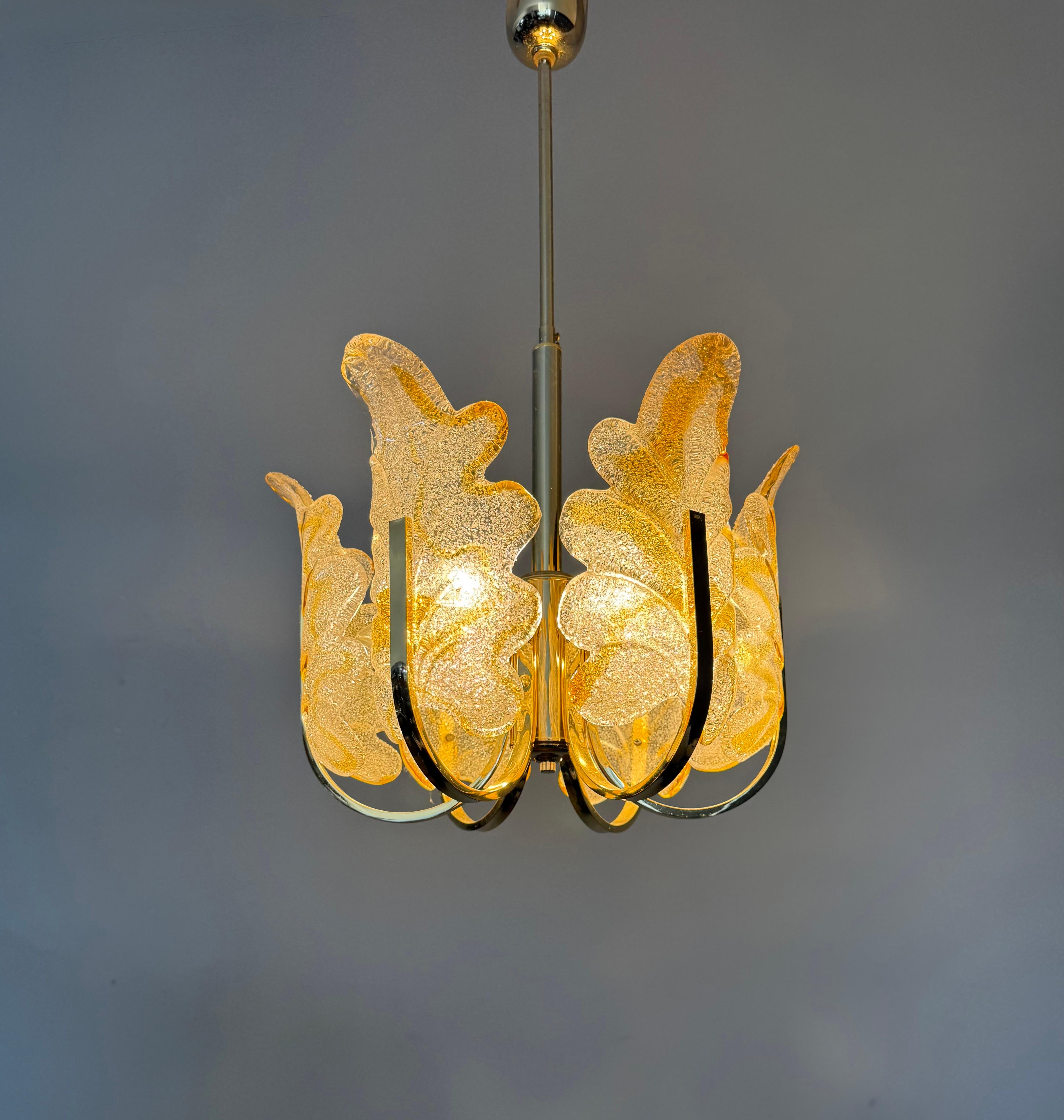Beautiful Mid-Century Murano Glass & Brass, Leaf Chandelier, Italy, 1970s For Sale 9