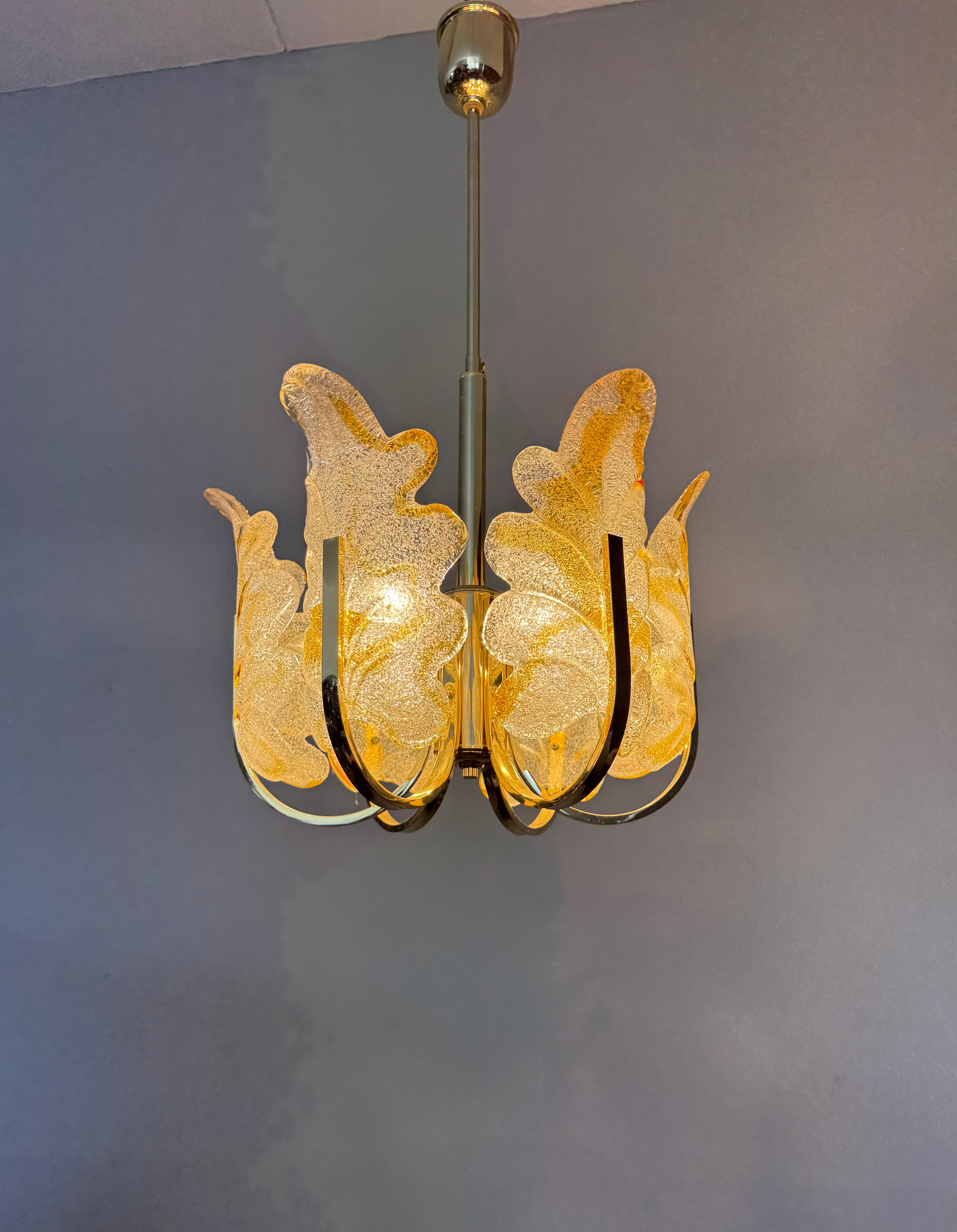 Beautiful Mid-Century Murano Glass & Brass, Leaf Chandelier, Italy, 1970s For Sale 10