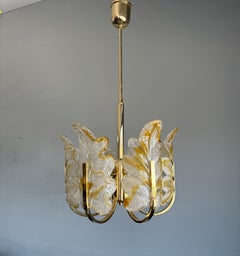 Beautiful Mid-Century Murano Glass & Brass, Leaf Chandelier Pendant, Italy 1970s