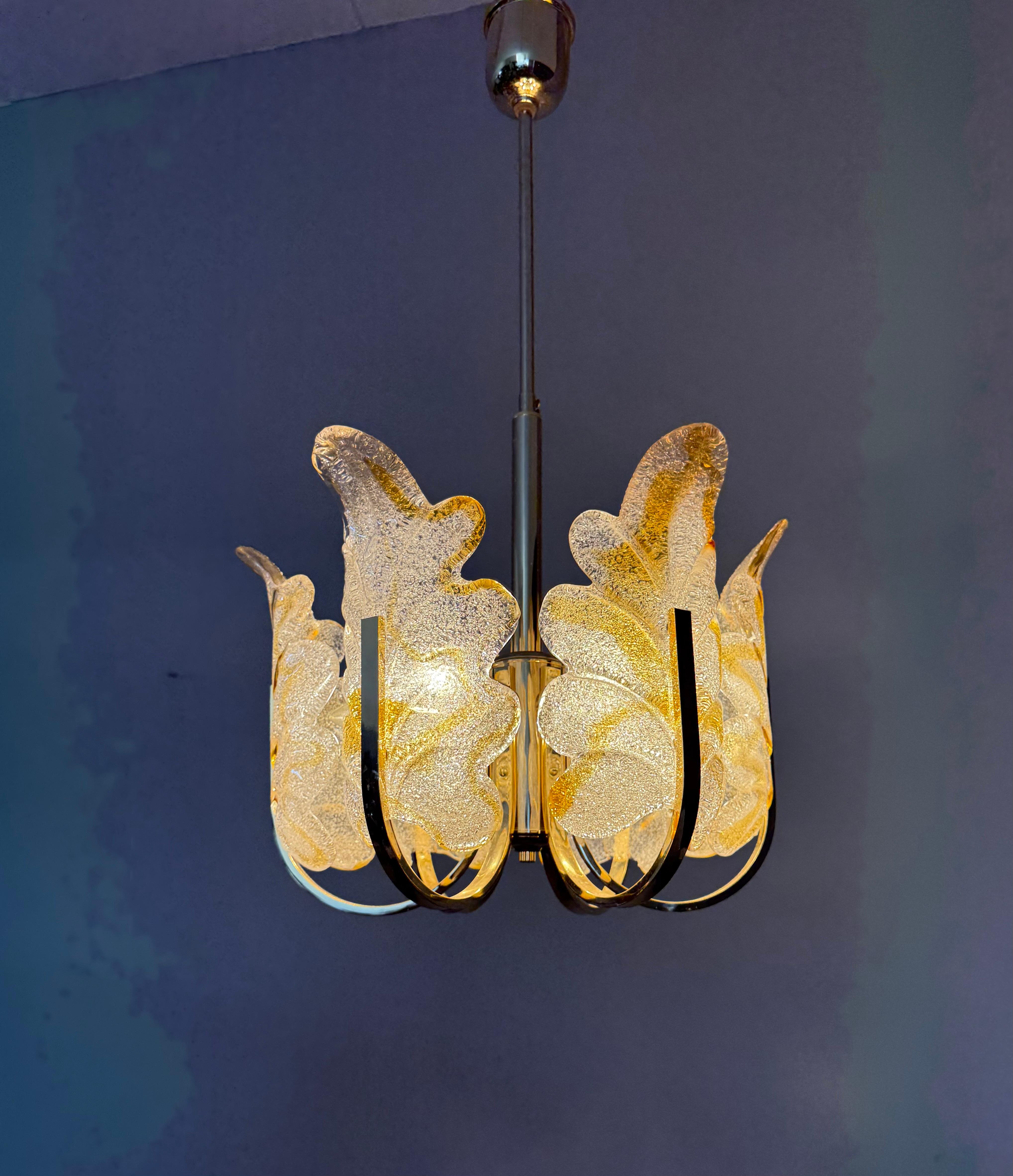 Mid-Century Modern Beautiful Mid-Century Murano Glass & Brass, Leaf Chandelier, Italy, 1970s For Sale