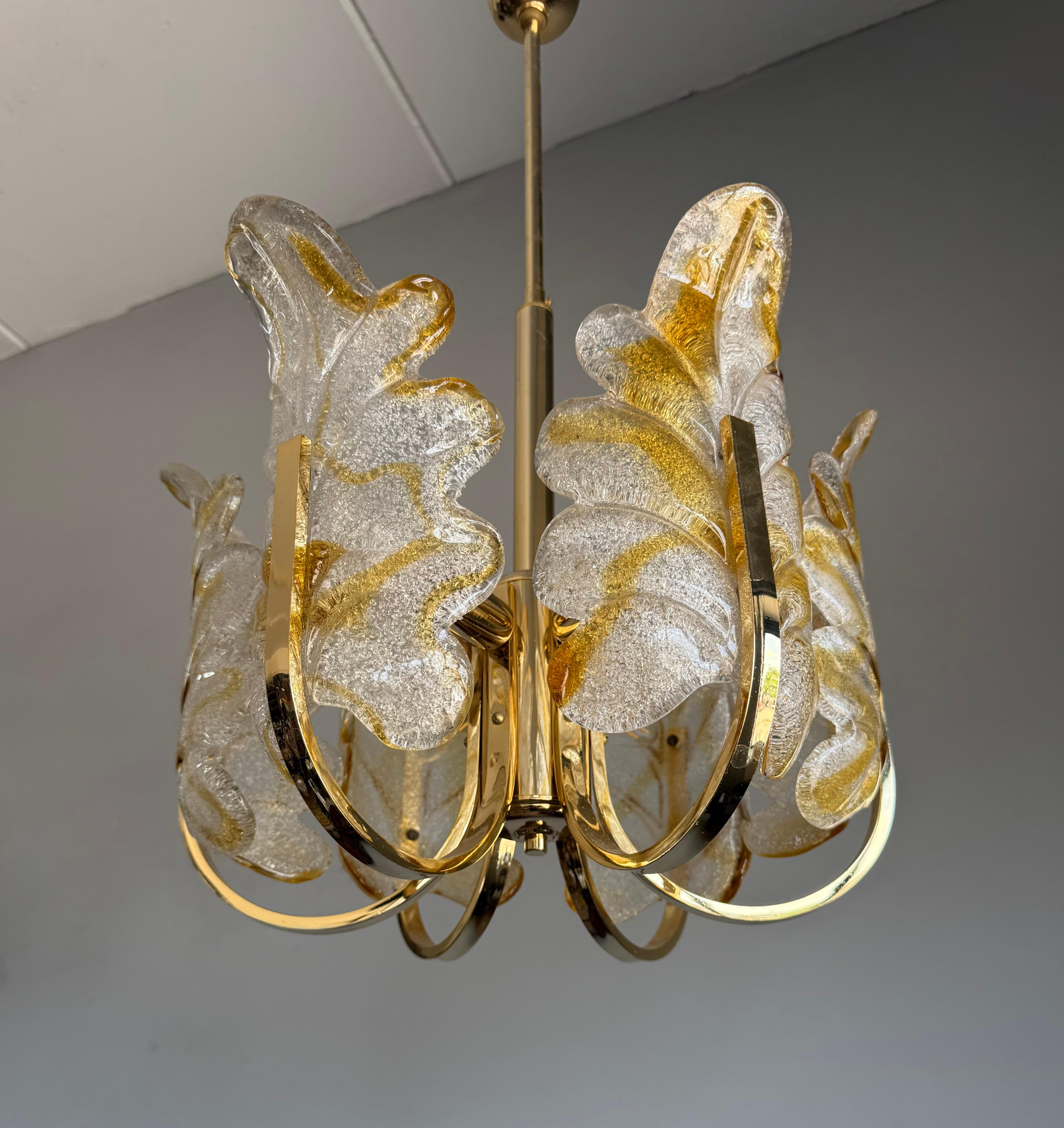 20th Century Beautiful Mid-Century Murano Glass & Brass, Leaf Chandelier, Italy, 1970s For Sale