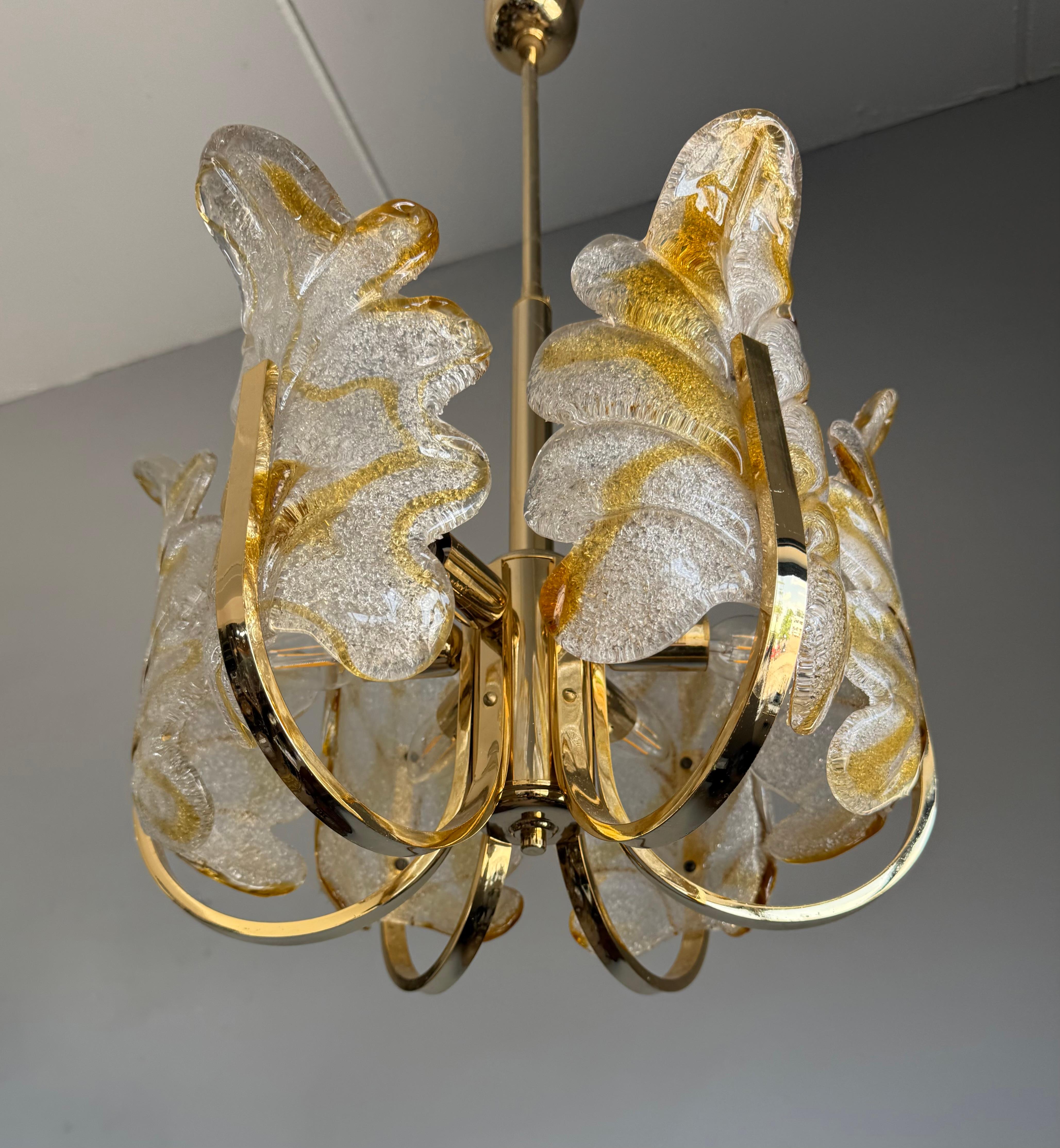 Beautiful Mid-Century Murano Glass & Brass, Leaf Chandelier, Italy, 1970s For Sale 1