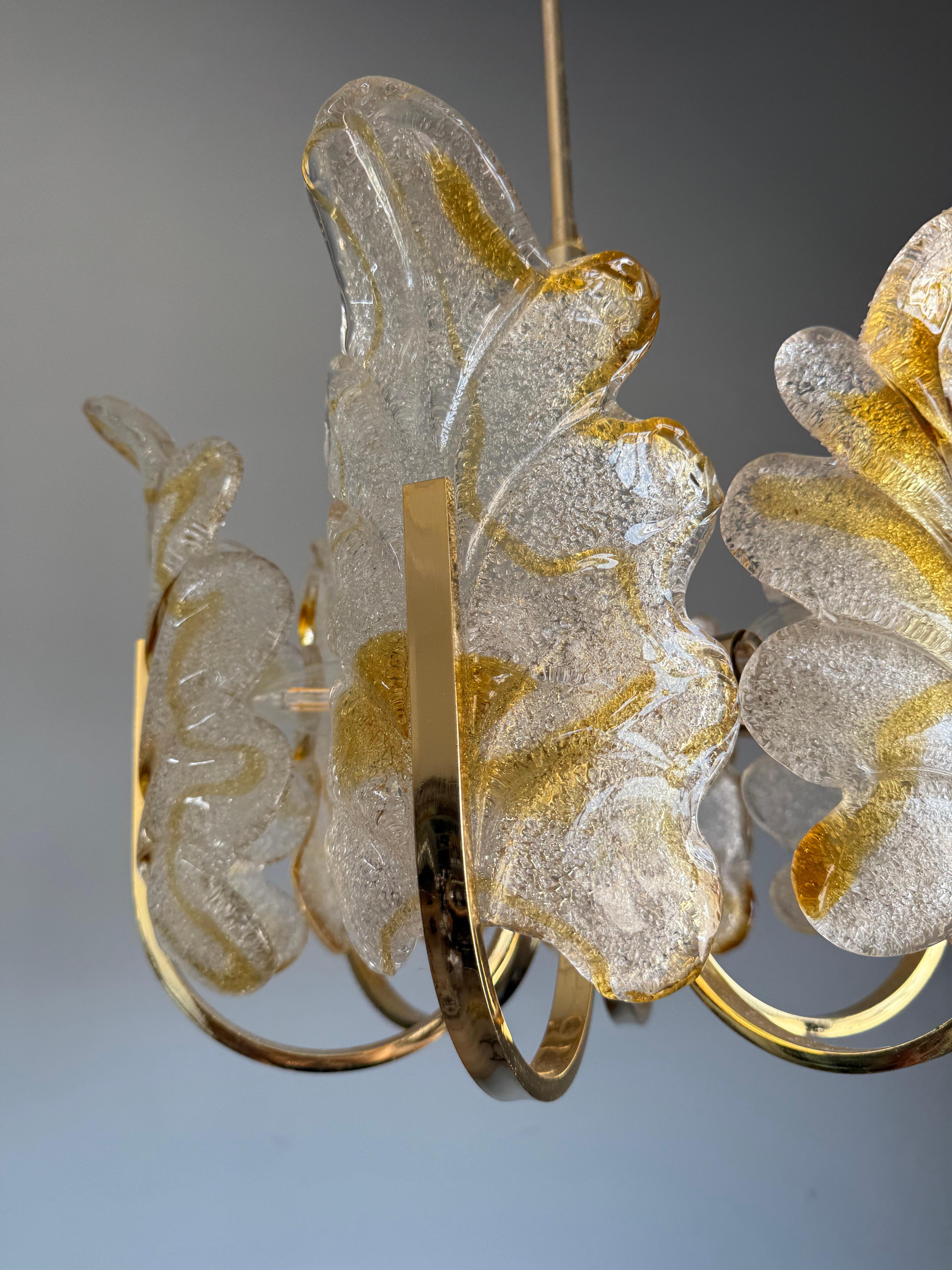 Beautiful Mid-Century Murano Glass & Brass, Leaf Chandelier, Italy, 1970s For Sale 2
