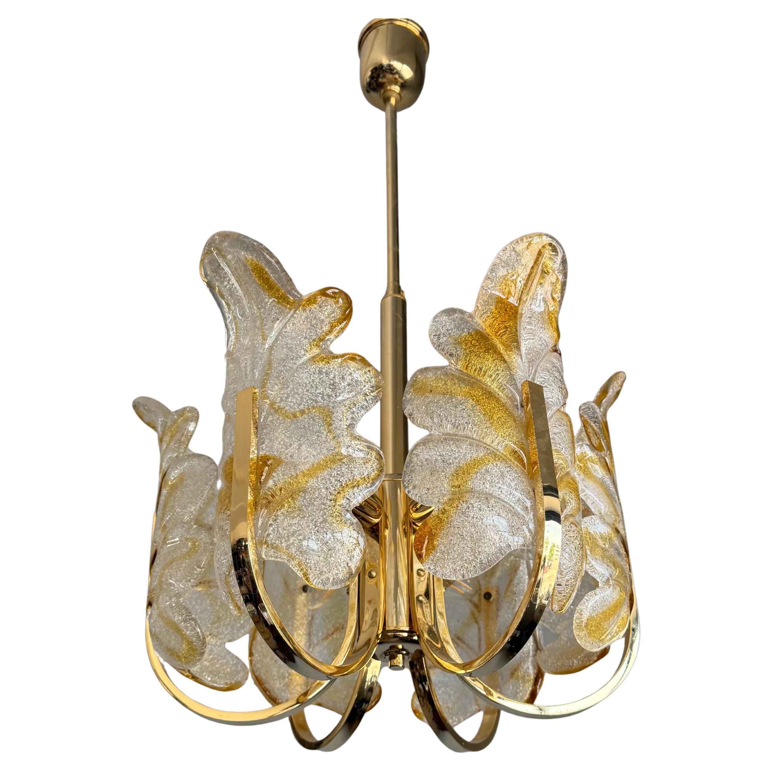 Beautiful Mid-Century Murano Glass & Brass, Leaf Chandelier, Italy, 1970s For Sale