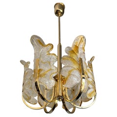 Beautiful Mid-Century Murano Glass & Brass, Leaf Chandelier, Italy, 1970s