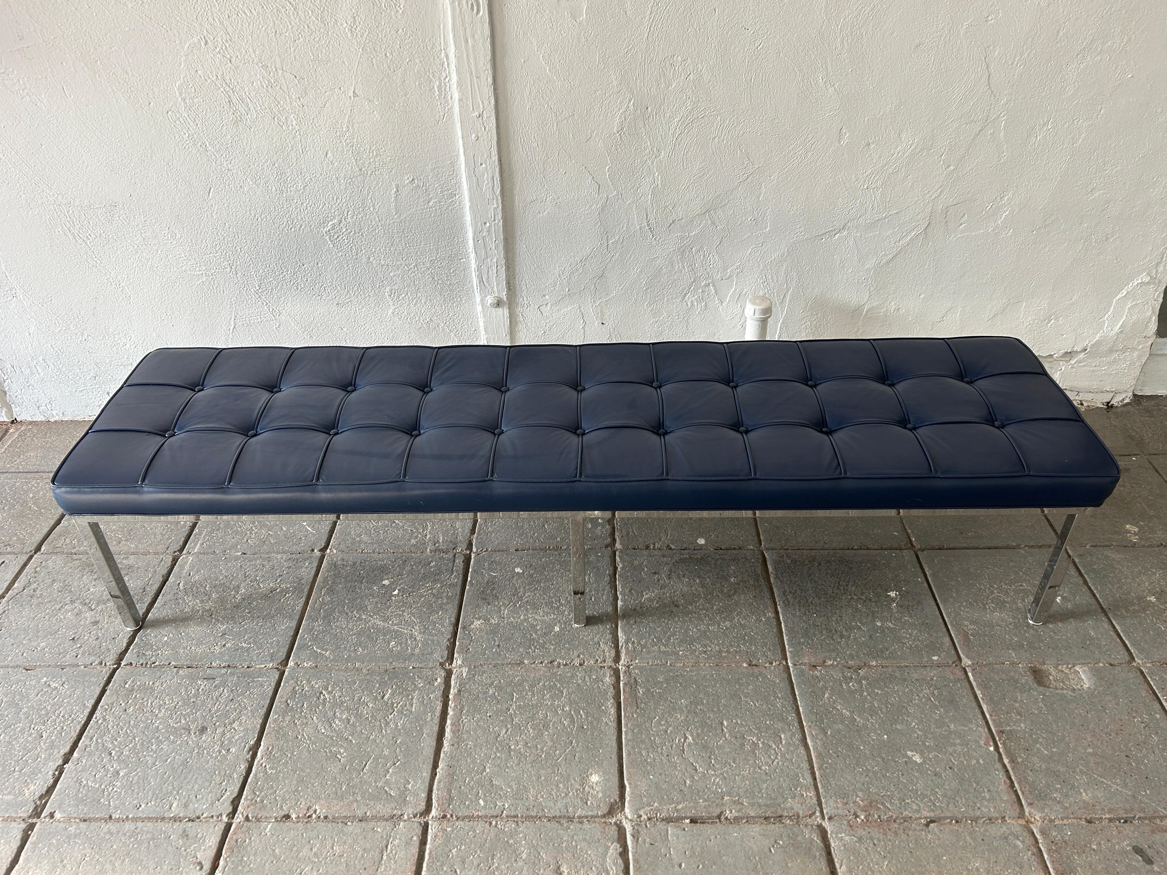 Beautiful Mid-Century Modern navy blue leather bench chrome frame style of Florence Knoll. Very clean 1960s bench. Made in USA. Very High Quality construction leather upholstery and chrome frames are in great vintage condition nice and firm cushion.