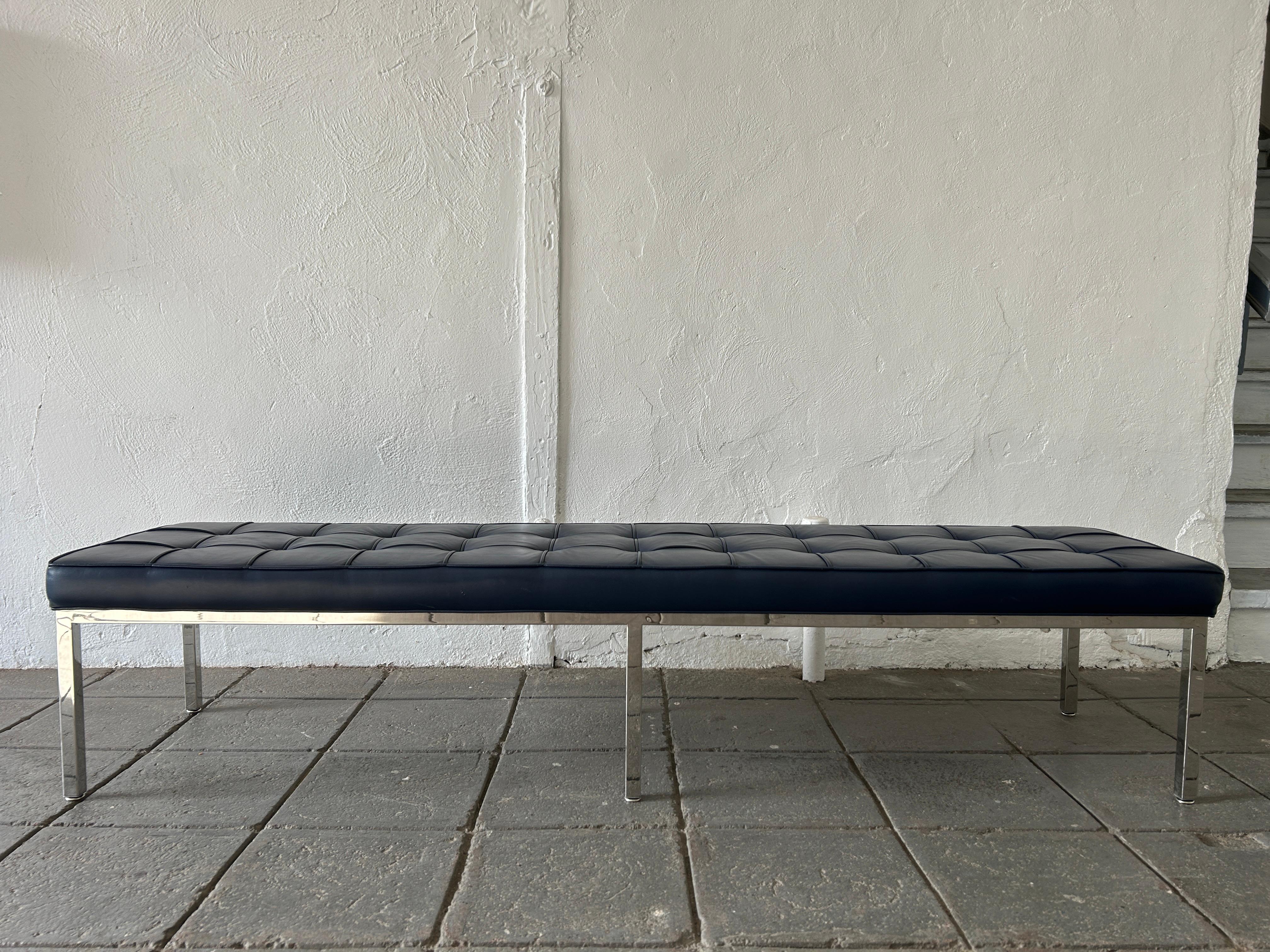 Mid-Century Modern Beautiful Mid-Century Navy Leather Bench Chrome Frame Style of Florence Knoll For Sale