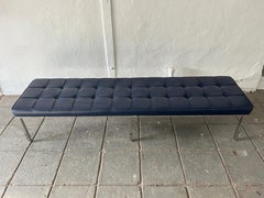Beautiful Mid-Century Navy Leather Bench Chrome Frame Style of Knoll