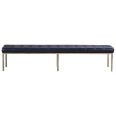 Beautiful Mid-Century Navy Leather Bench Chrome Frame Style of Knoll