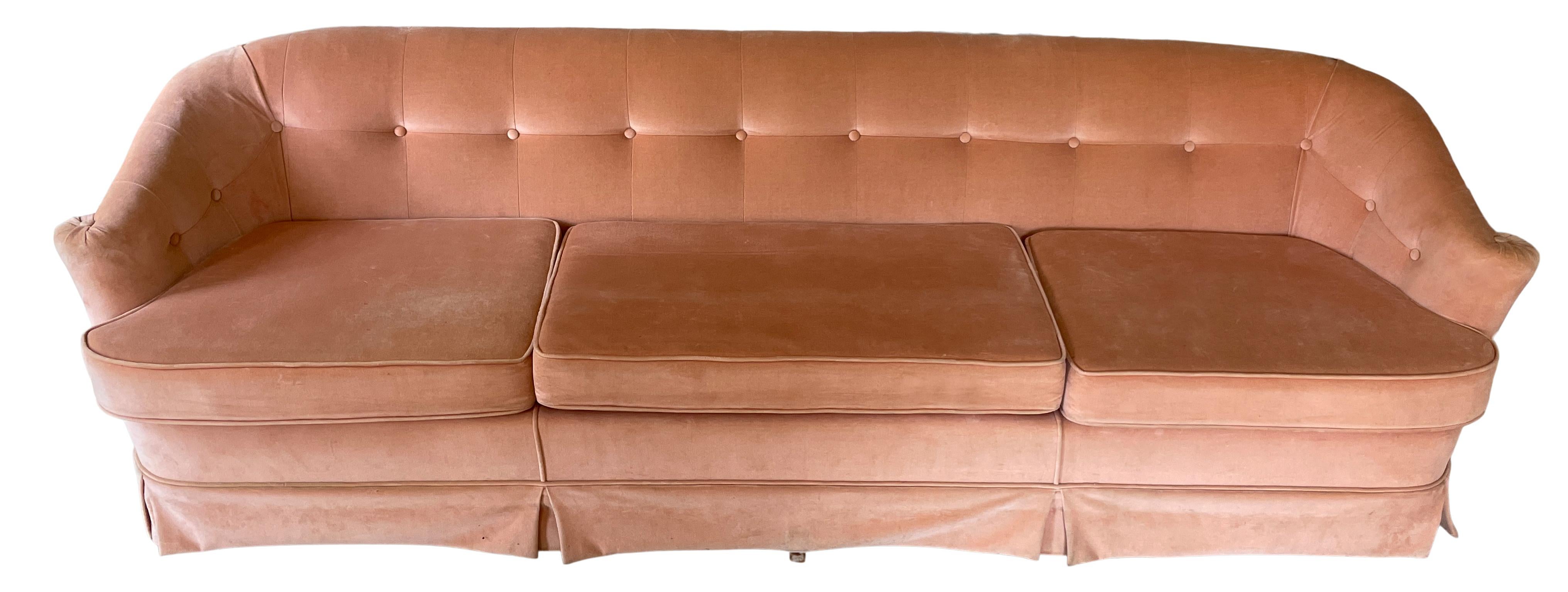 Beautiful mid century Pink tufted Velvet 8' long sofa couch daybed. Amazing curved back with 3 Cushions. The sofa was covered in Plastic when purchased so the pastel pink velvet is in amazing condition. Great Design and Color. Sofa is in amazing