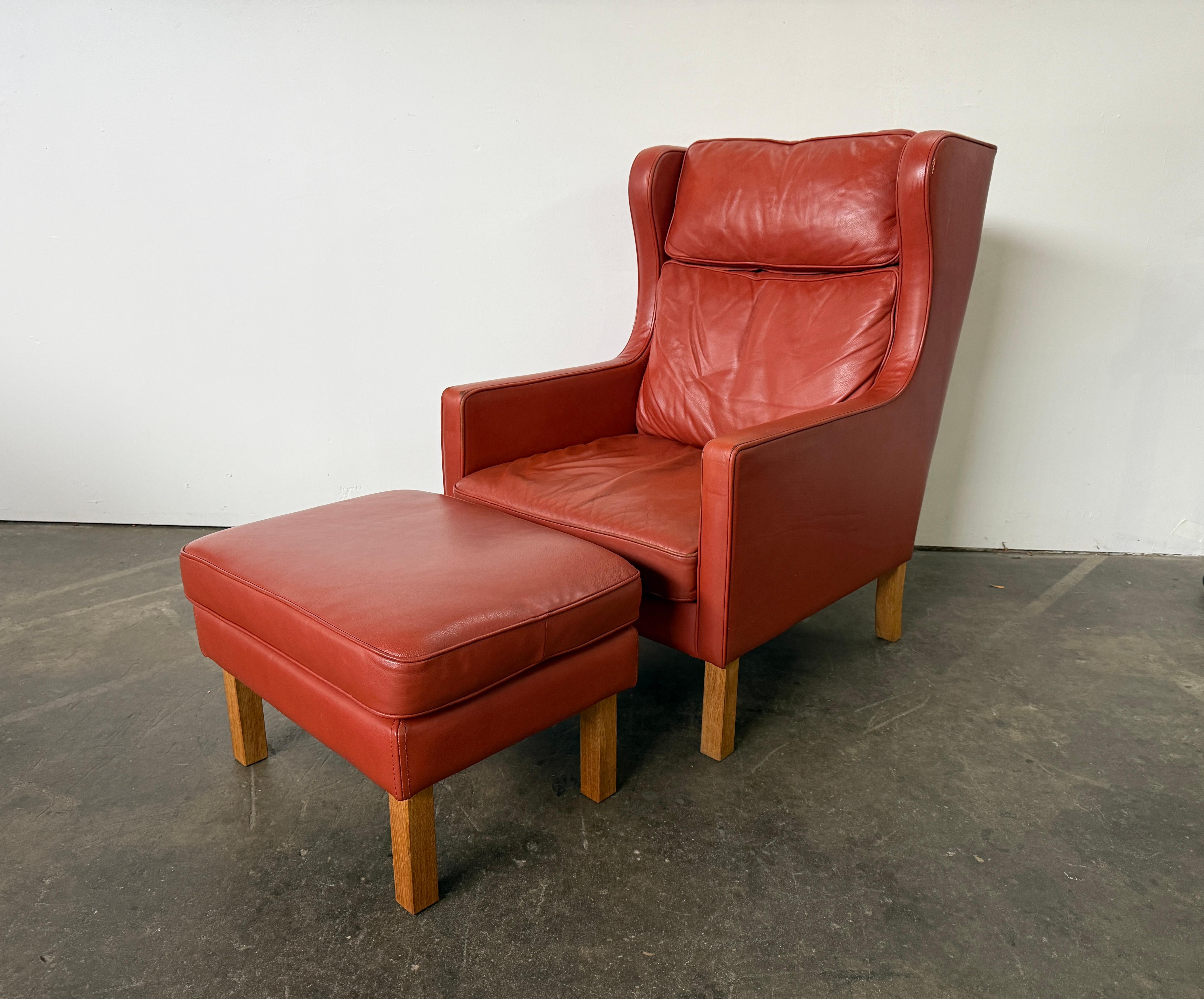 Scandinavian Modern Beautiful Mid Century Scandinavian modern Red Leather Wingback Chair Ottoman For Sale